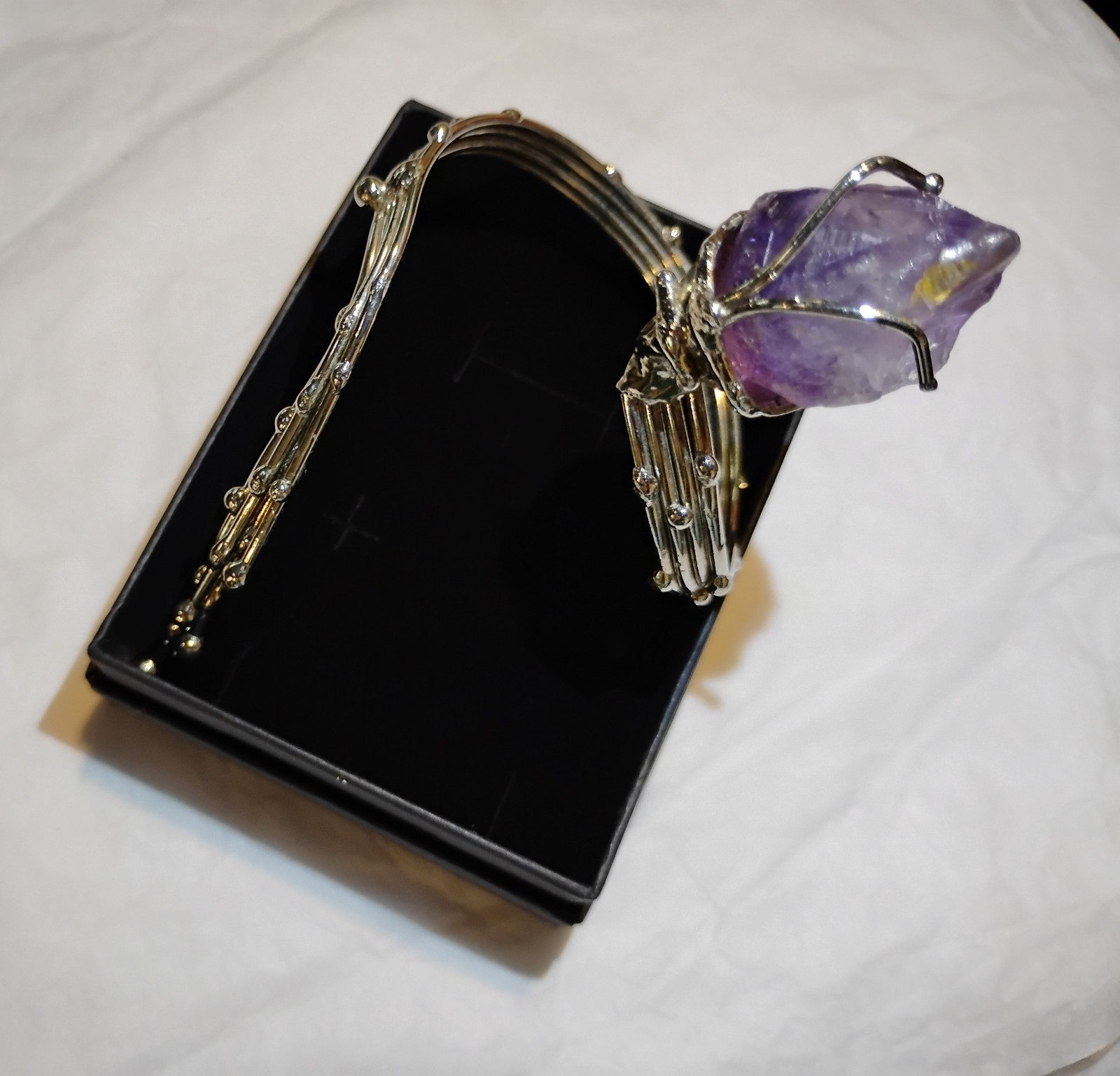 Raw Amethyst Point Silver Tone Brutalist Sculptural Wrap Bracelet