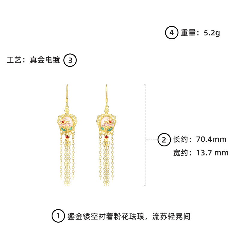 Chinese Style Enamel Tassel Dangle Earrings Vintage Floral Jewelry