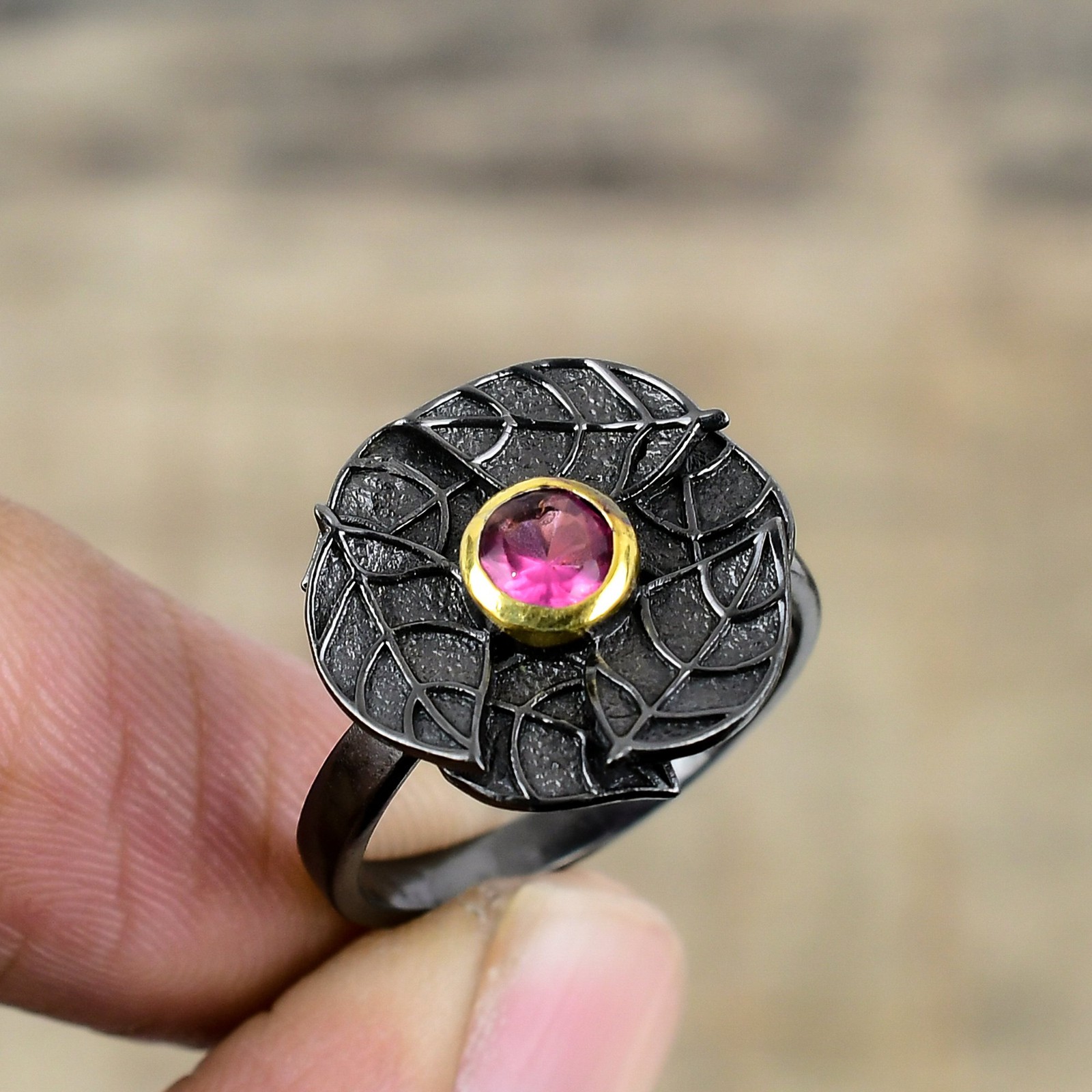 Pink Rubellite Tourmaline Black And Gold Plated 925 Sterling Silver Ring S.9 R17