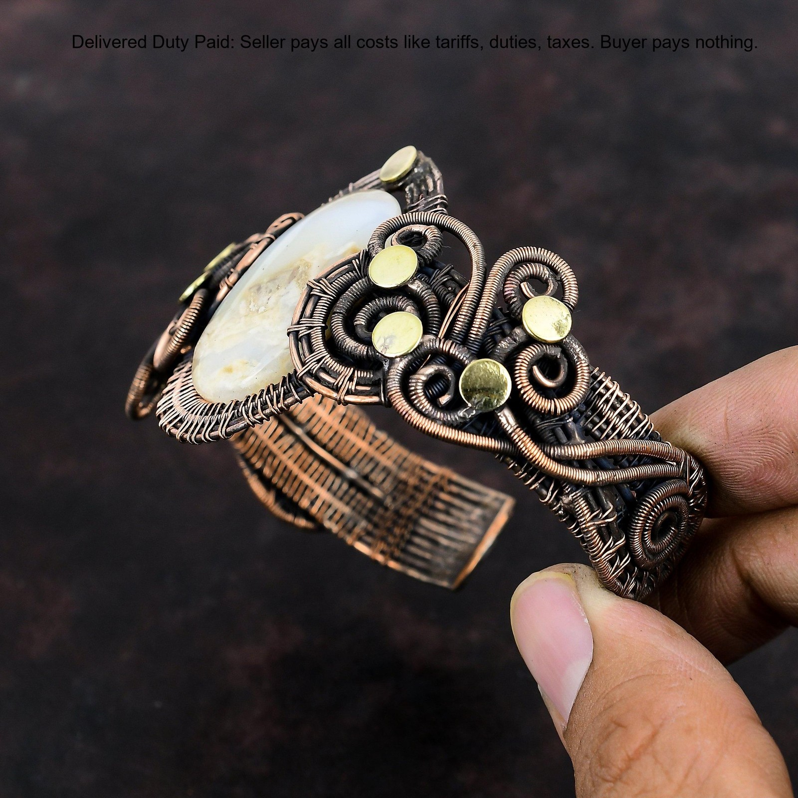 Oval Plume Agate Stone Copper Unique Wedding Wire Wrapped Ethnic Daughter Bangle