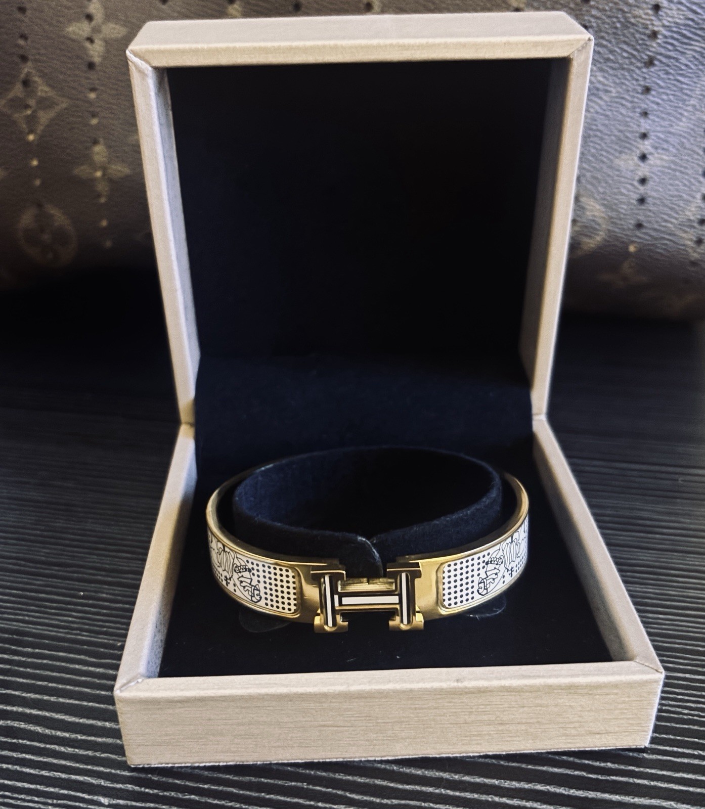 Hermès Inspired Enamel H Bracelet Gold Tone Geometric Bangle