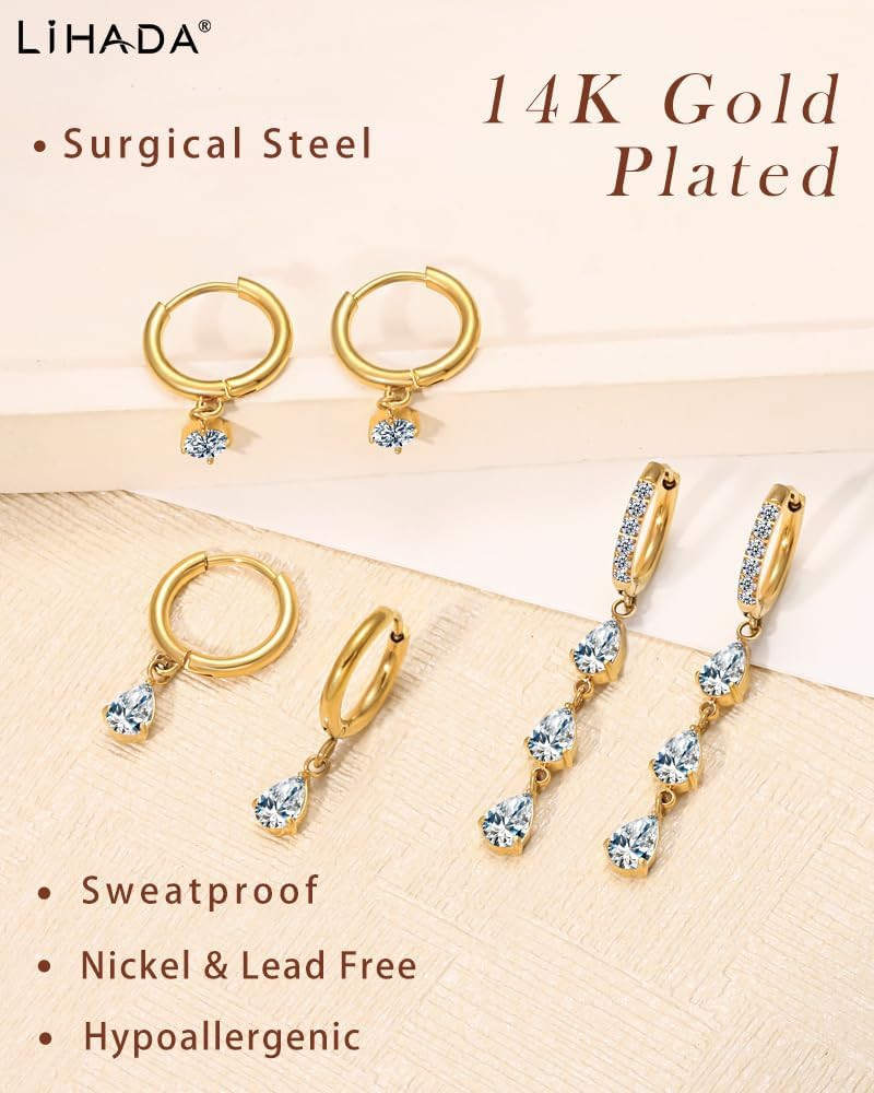 Surgical Steel Small 14K Gold Plated Huggie Hoop Earrings Set,Hypoallergenic Lig