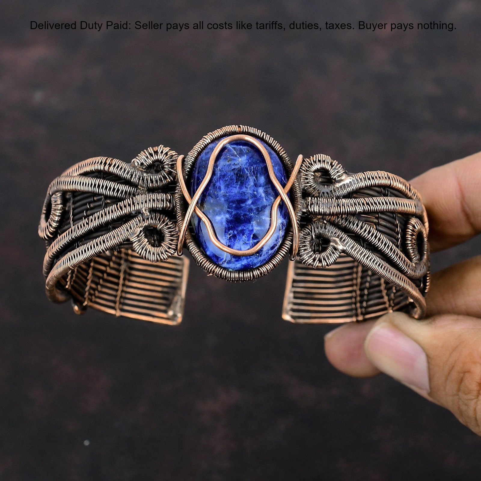 Oval Third Eye Chakra Sodalite Gemstone Boho Wire Wrapped Bangle Jewelry Copper