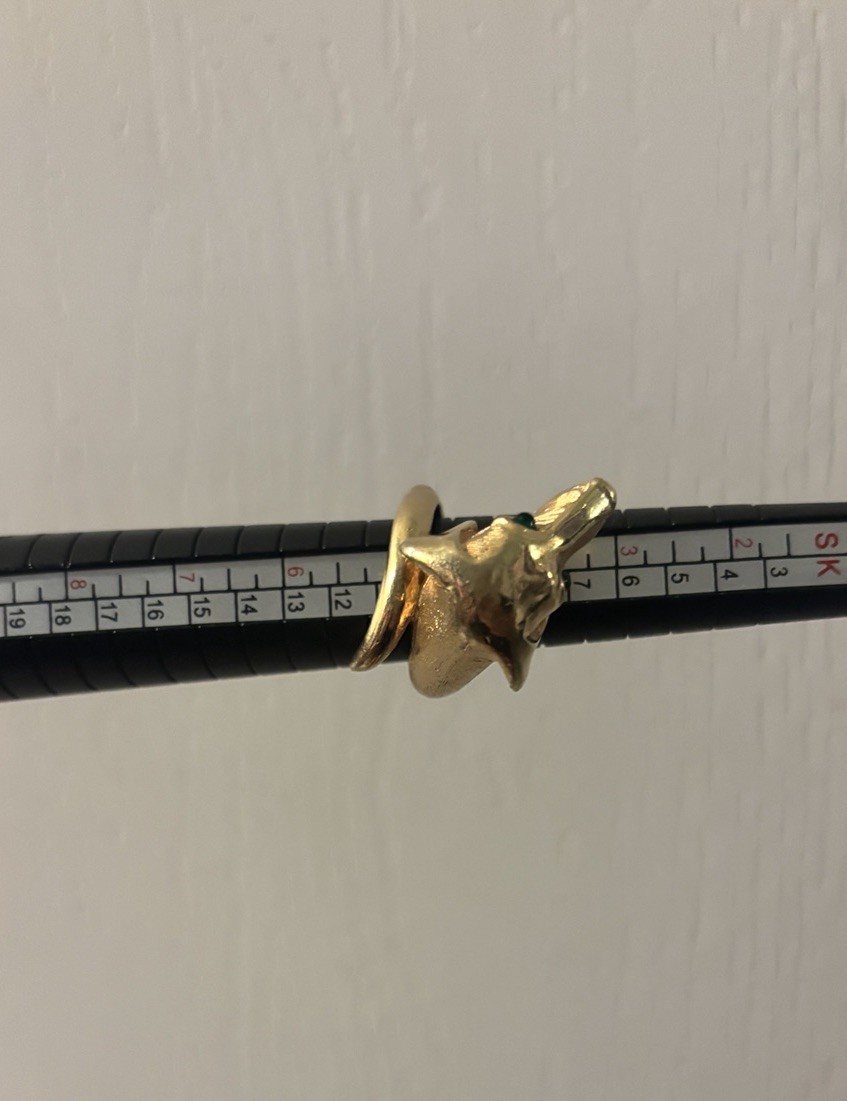 Extra Rare Crown TRIFARI Gold Tone Green Eyed Dachshund Dog Head Ring