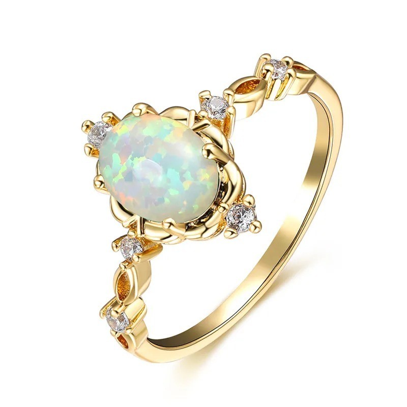Gold Silver Color Opal Oval Stone Engagement Ring Crystal Wedding Band Women