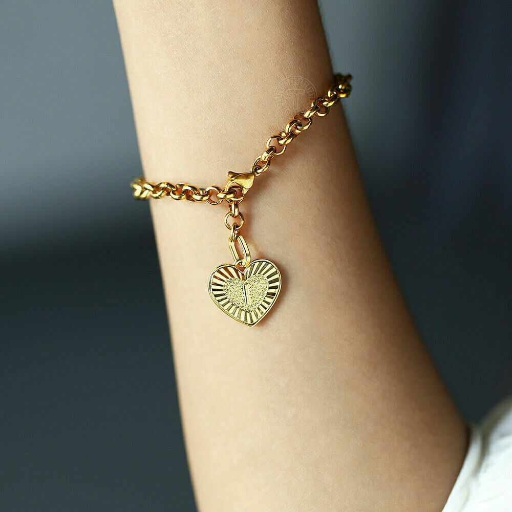 Women Gold Plated Stainless Steel Bracelet Heart Charm 8 inch 5mm Cable Chain