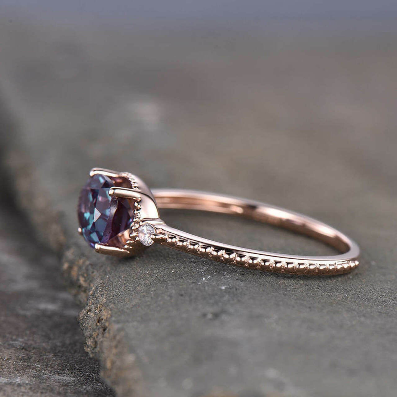 2Ct Oval Cut Simulated Alexandrite Engagement Ring 14K Rose Gold Plated