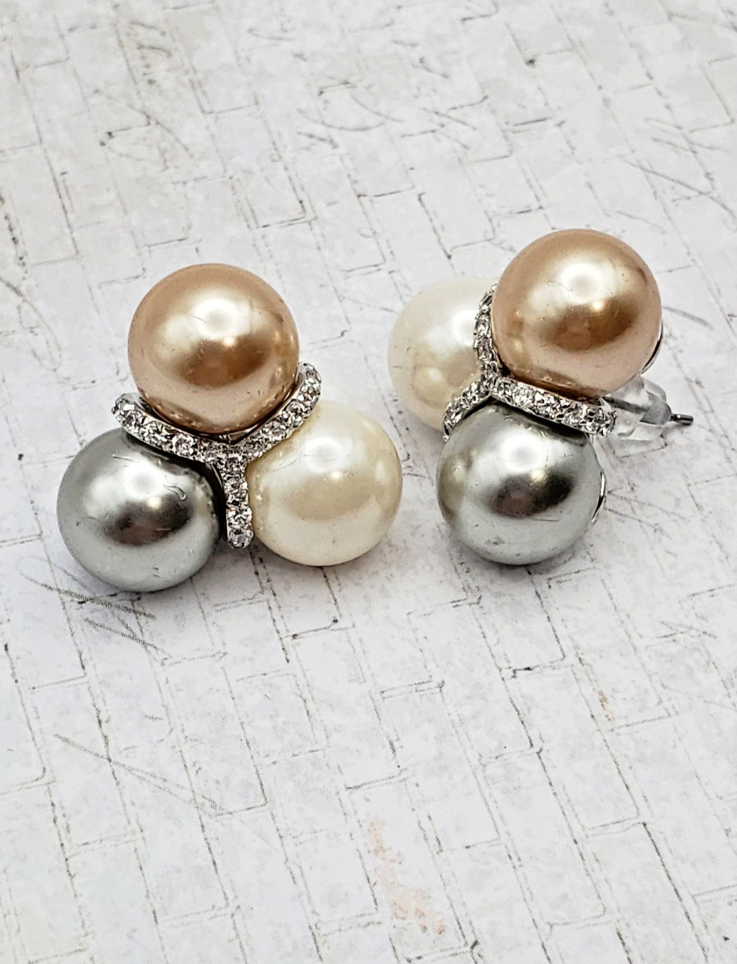 Vintage Silvertone Multi Color Faux Pearl & Crystal Large Cluster Pier Earrings