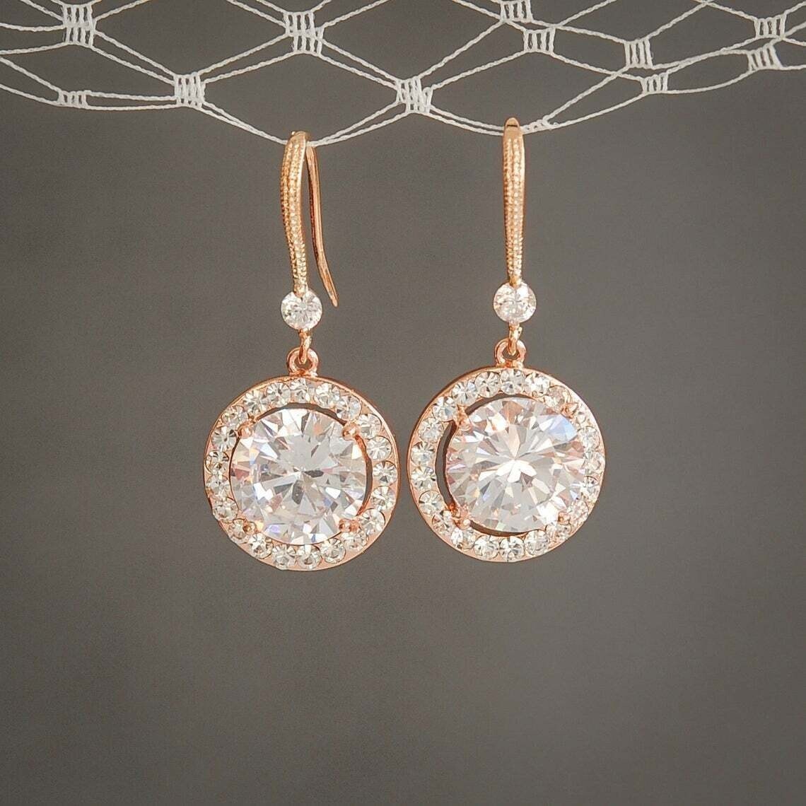 14K Rose Gold Plated 2.50Ct Round Cut Simulated Diamond Halo Drop Hook Earring
