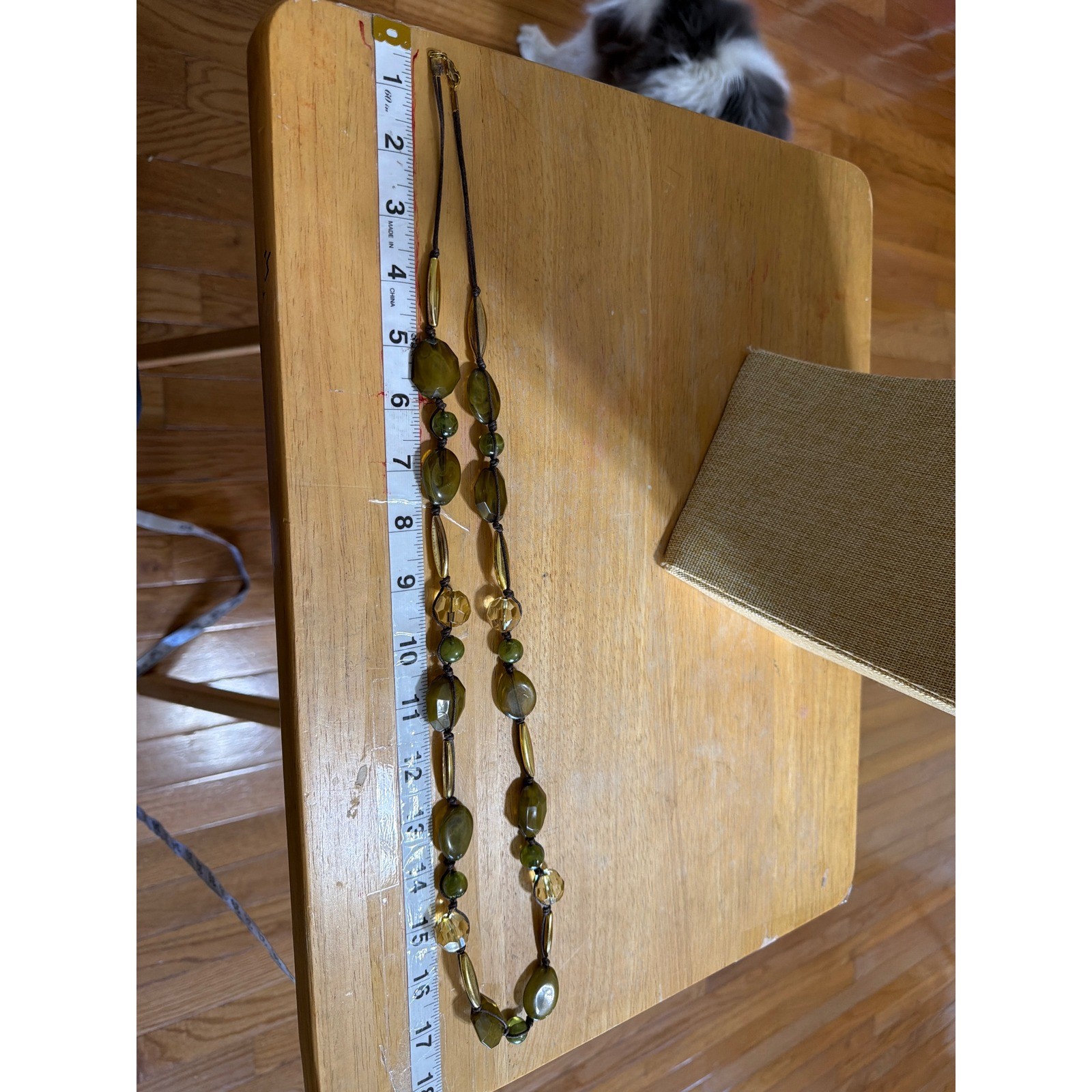 Earth Tone Beaded Necklace Olive Green Amber ColorGold Tone Long Boho Corded