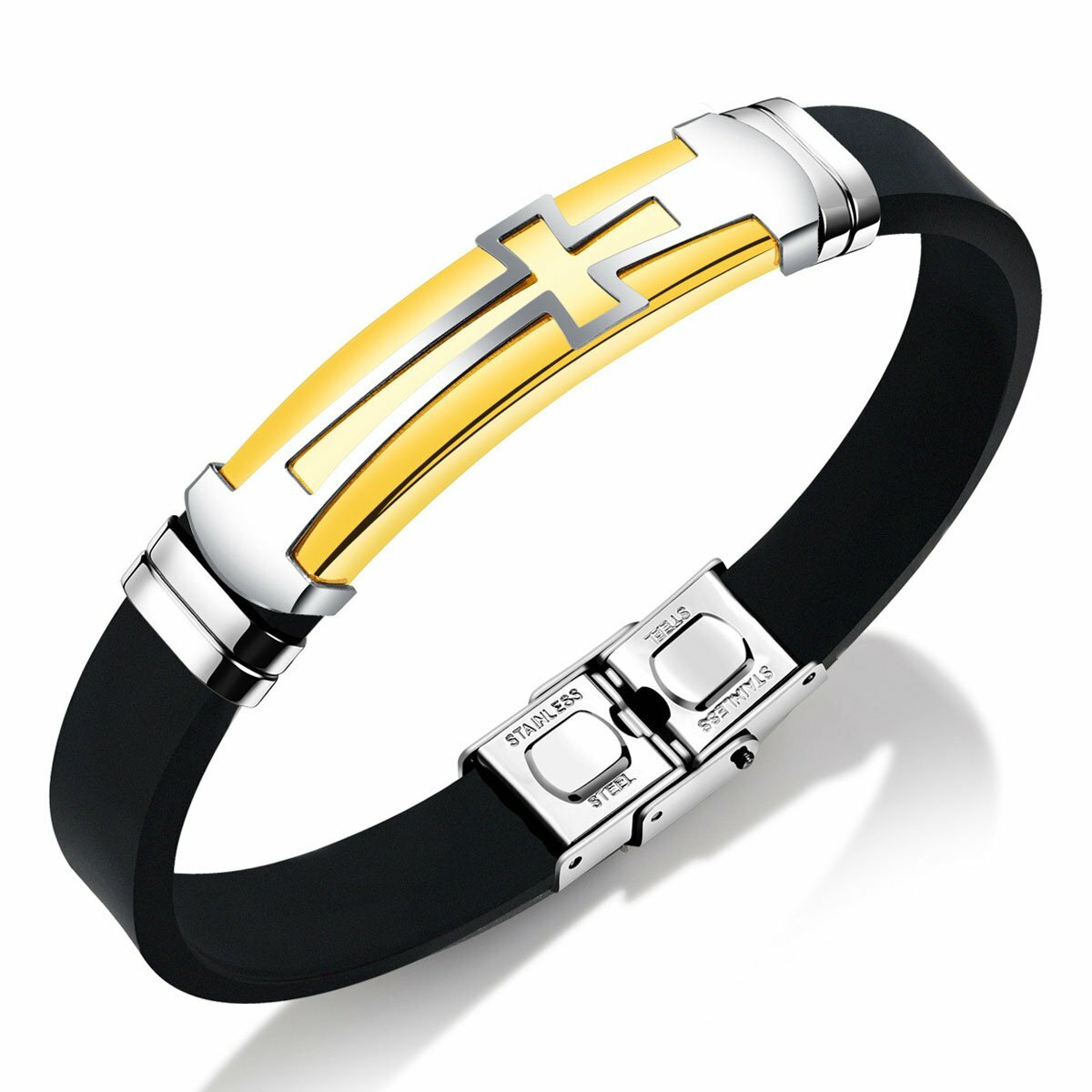 MENDEL Mens 8 Inch Stainless Steel Christian Silicone Cross Bracelet Wristband