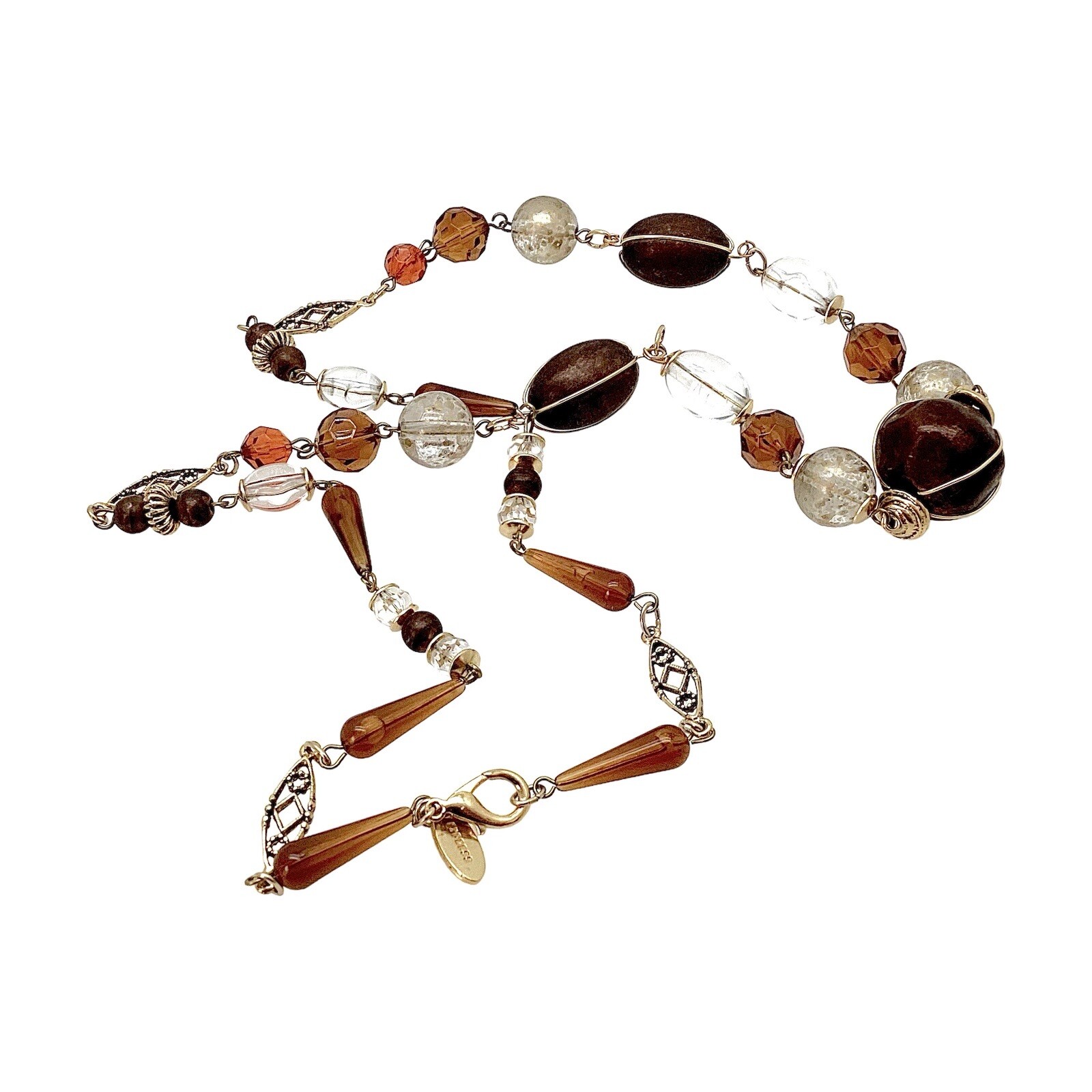 Italy Express 36” Long Beaded Necklace Gold Tone Mixed Materials Statement