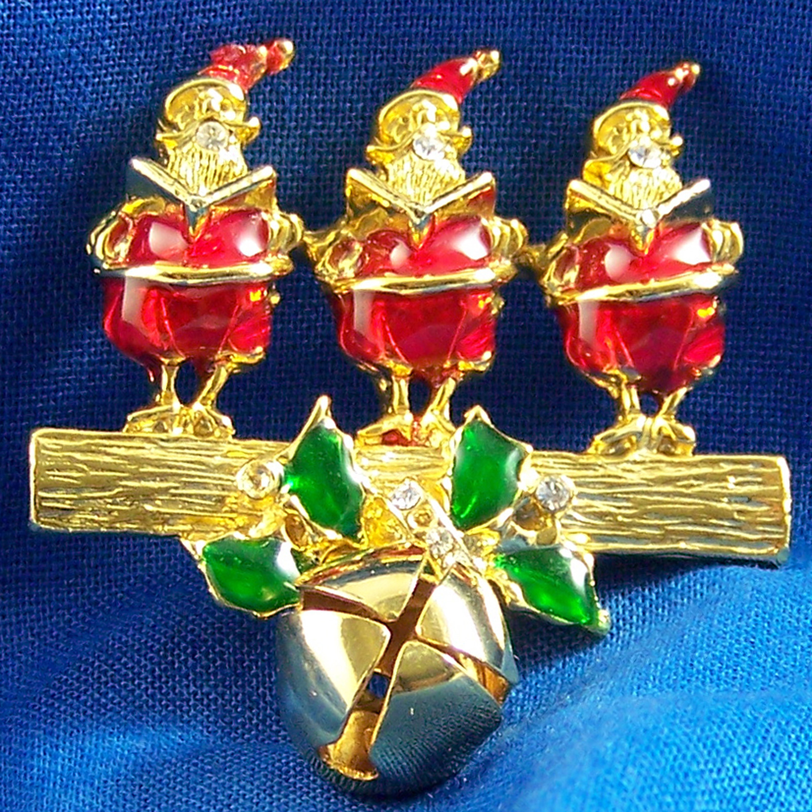 Vintage Pin Caroling Santa Claus Trio Dangle Jingle Bells Holiday Xmas Brooch 