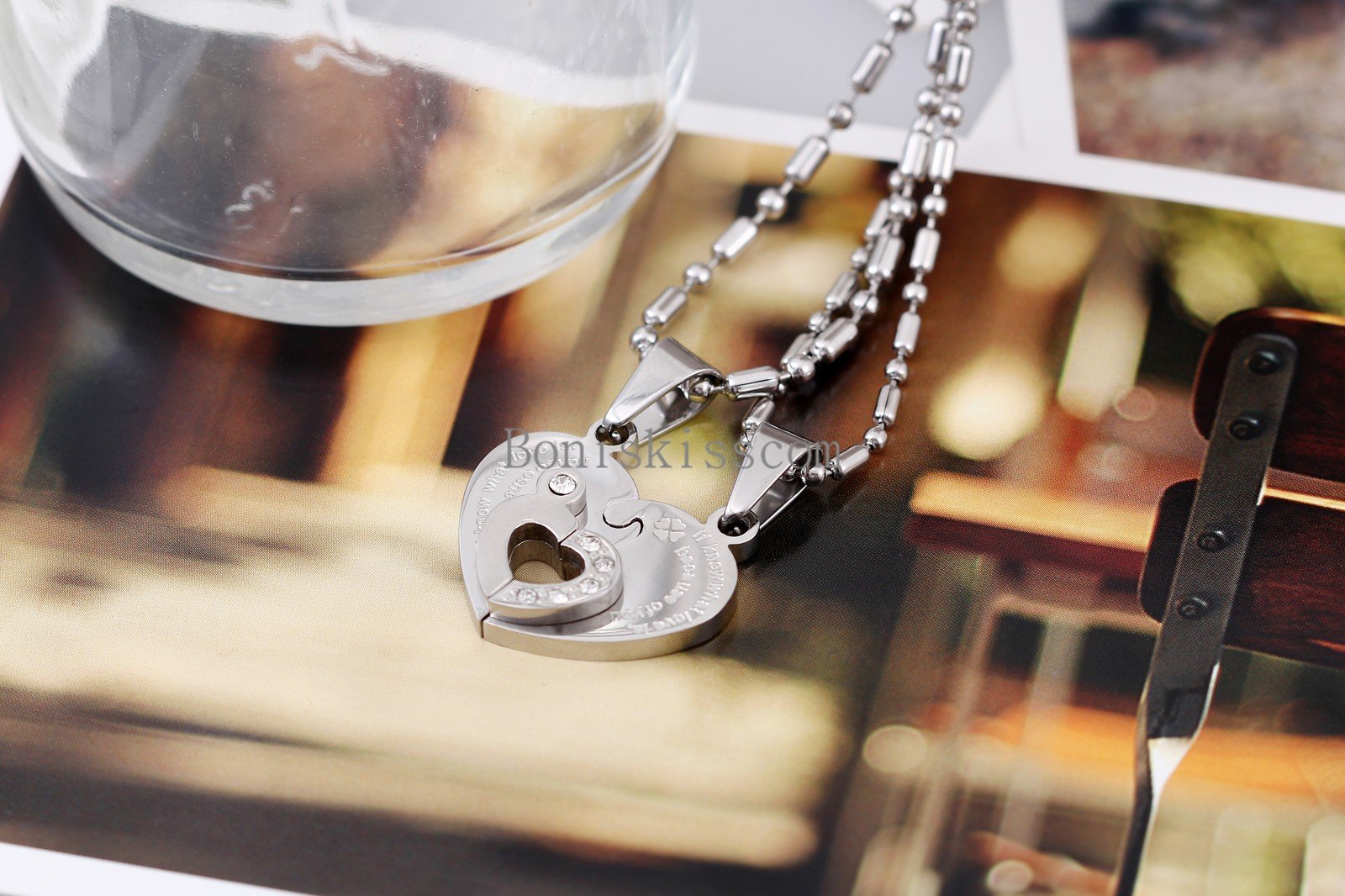 His and Hers Stainless Steel Couple Heart Love Promise Pendant Necklaces 2pcs