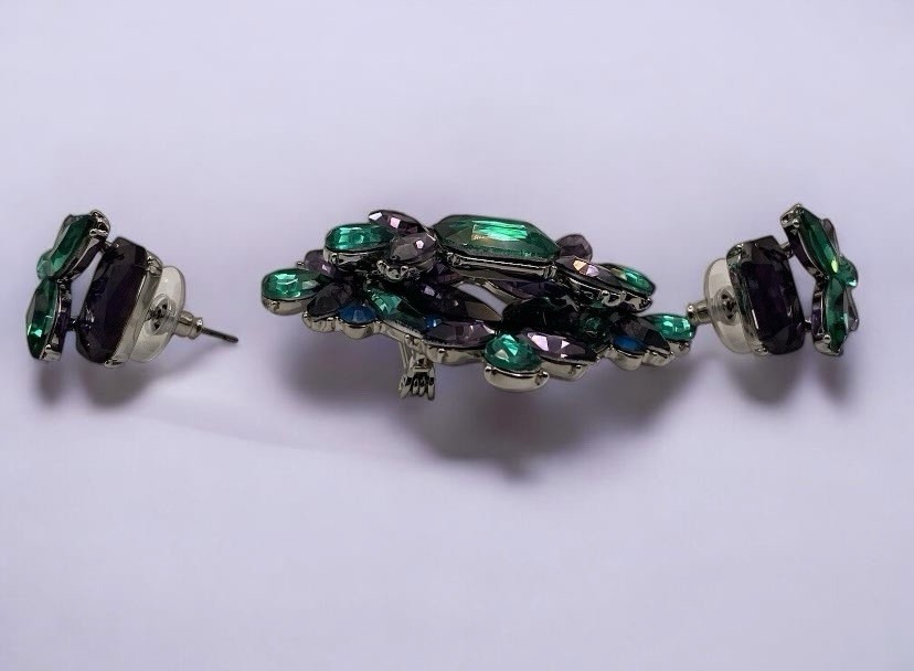 Pretty Emerald Green Blue & Purple Rhinestone Statement Brooch & Earrings Set