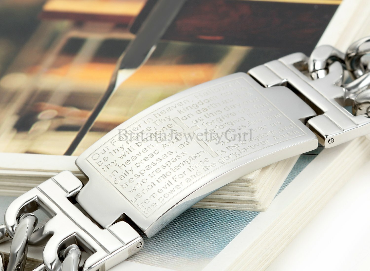 9.1″ Stainless Steel English Bible Verse Cross Wide Bracelet For Men Heavy