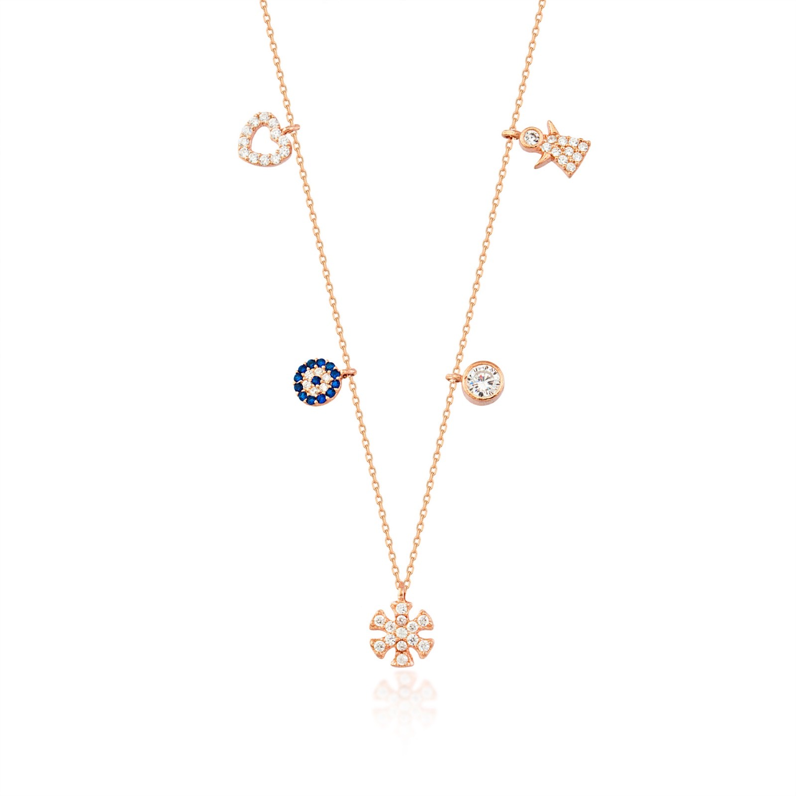 925 Sterling Silver Rose Gold Plated angel Charm Necklace w/ CZ & Blue Stones