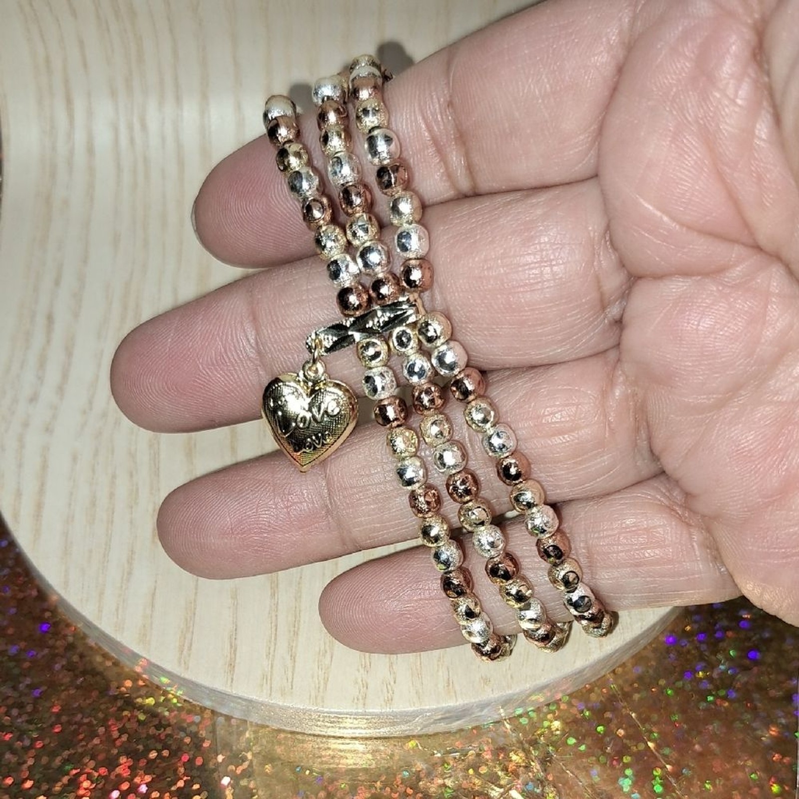 Rose Gold ,Silver And Gold Matte Beaded Heart Charm Bracelet