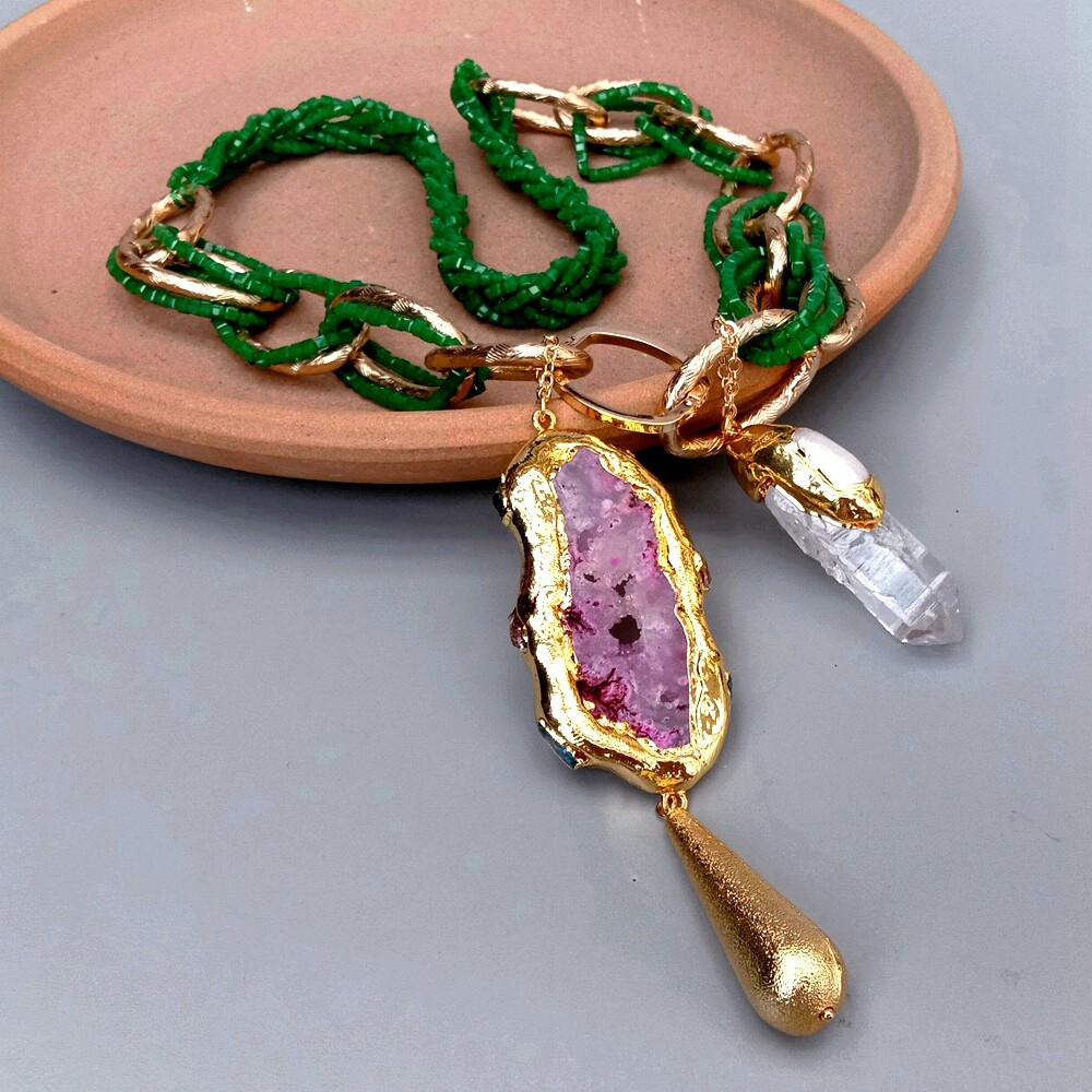 Green Crystal Necklace Fuchsia Agate Slice White Quartz Biwa Pearl Point Pendant