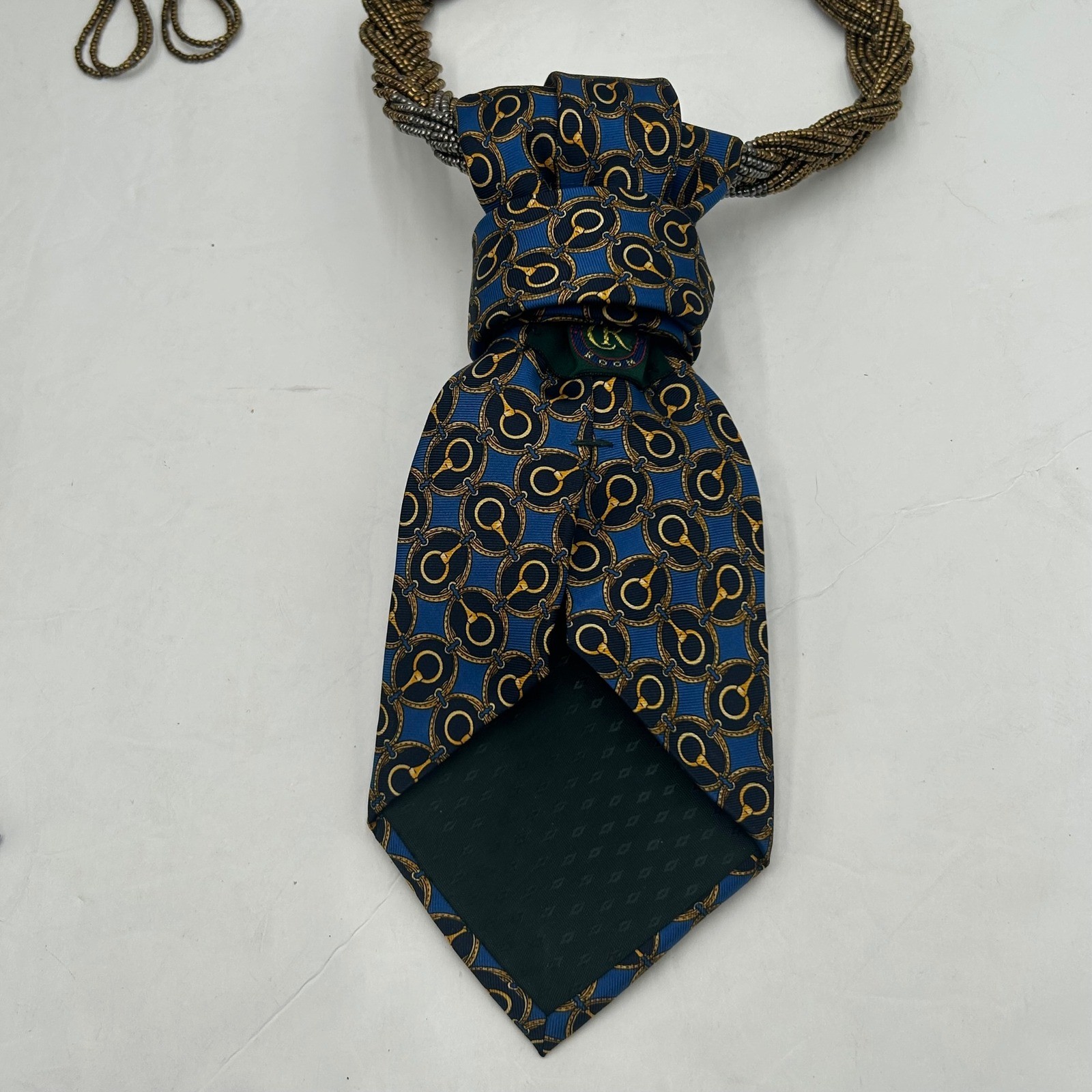 Club Room Silk Tie Horse Necklace Western Equestrian Blue Gold Crystal Brooch