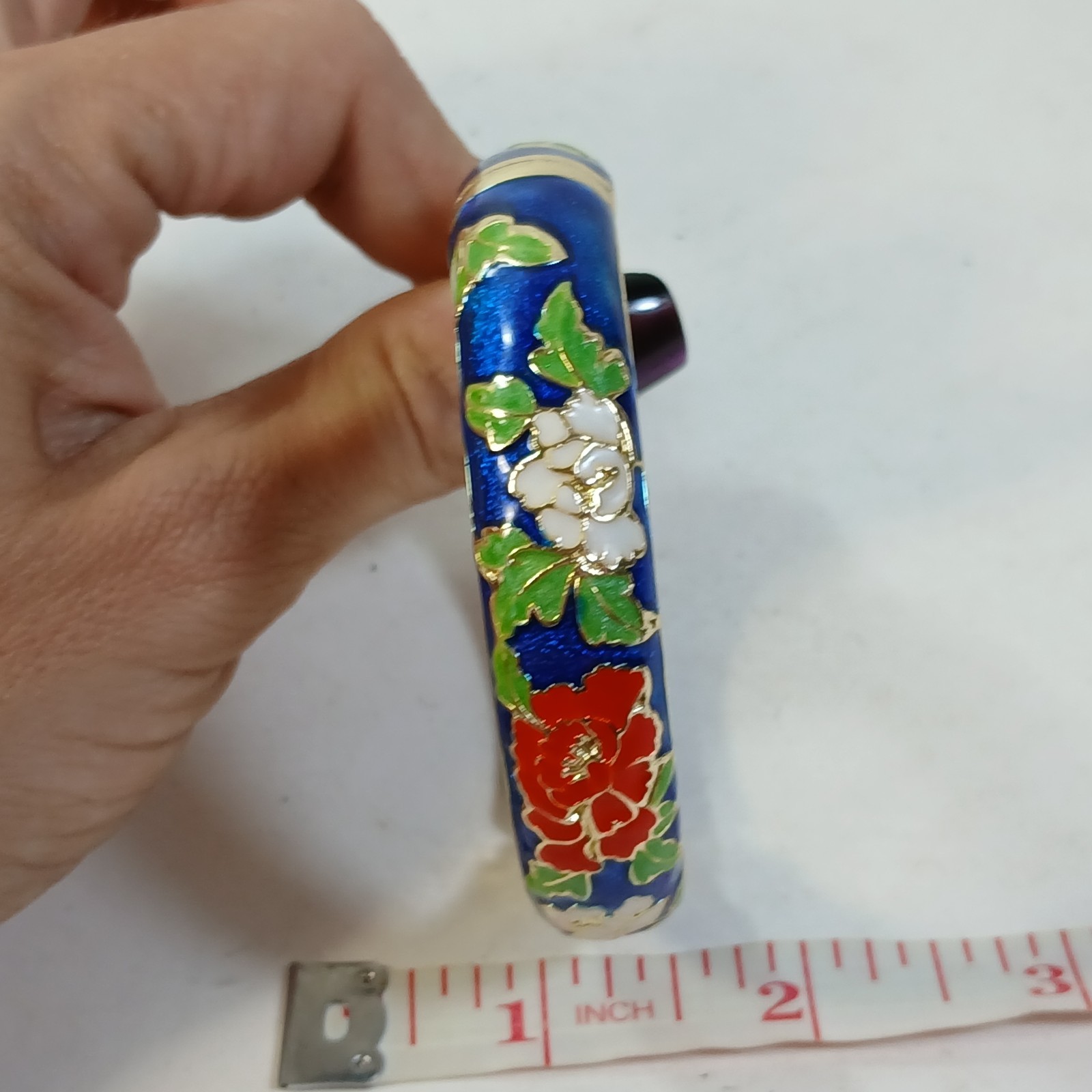 Signed Jiu Long Xing Blue Cloisonné Hinged Bracelet Enamel, Blue Bangle Floral