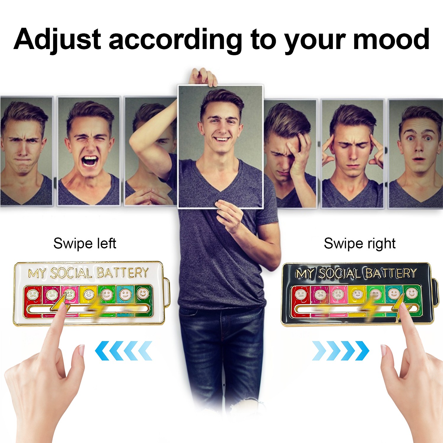 2Pcs Social Battery Slider Pin,Funny Interactive Mood Pins for Jackets&Backpack
