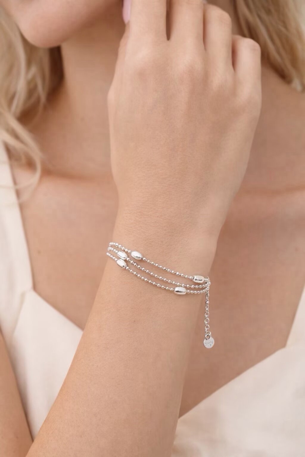 Silver Layered Ball Chain Bracelet,Triple Chain Bracelet, Adjustable BR046