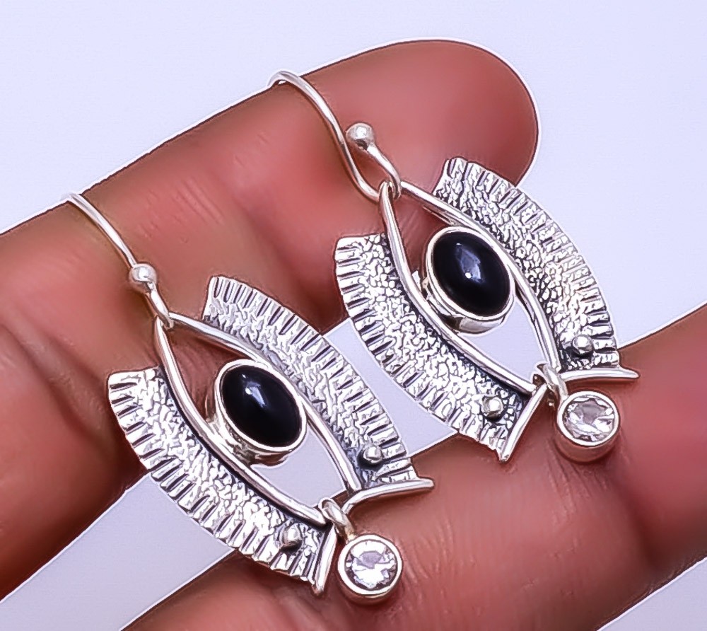 Black Onyx – Brazil, White Topaz 925 Sterling Silver Earring 1.56″ E7, Christmas