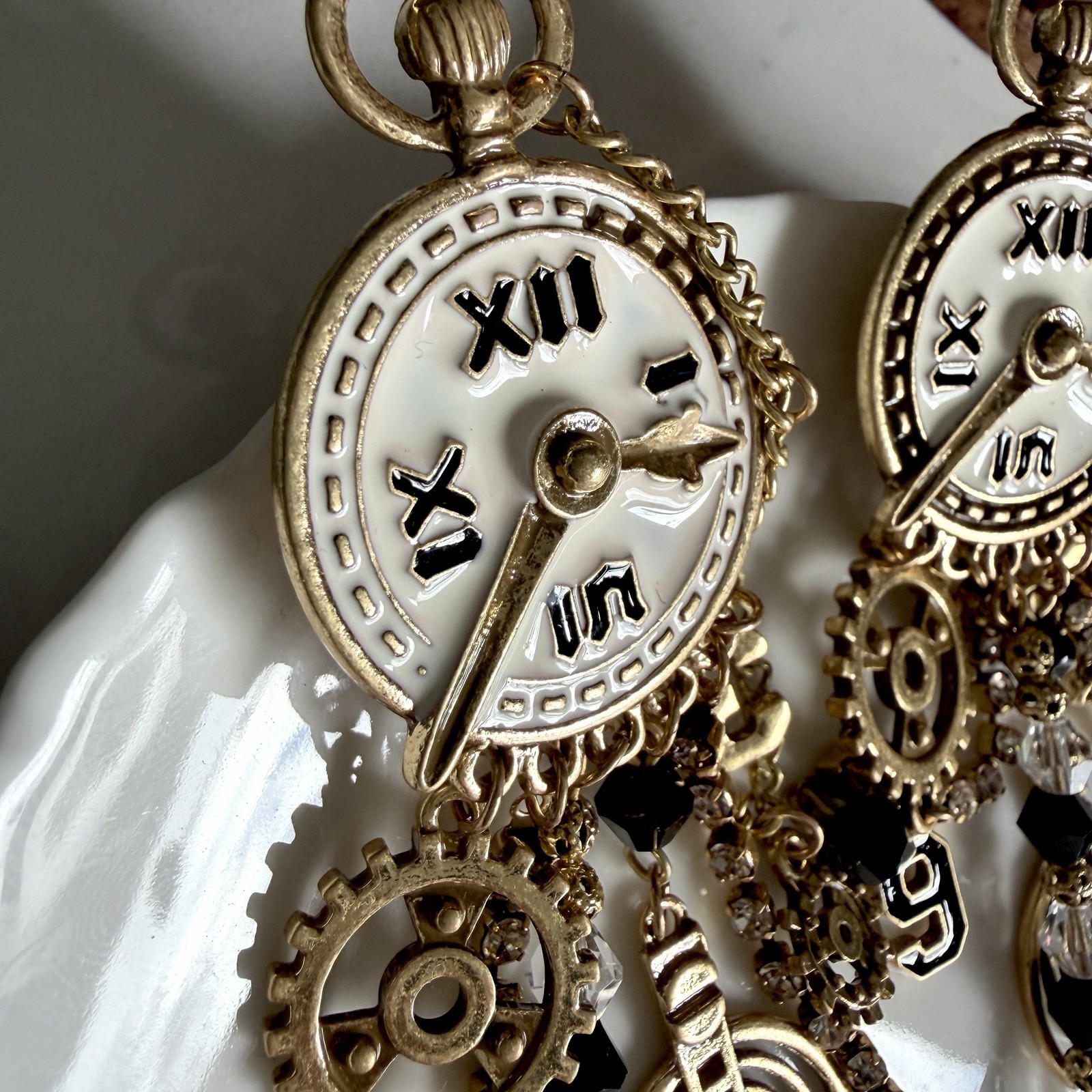 Gold Vintage Style Clock Earrings Steampunk Style Gears Jumbo Jewelry Gift NEW