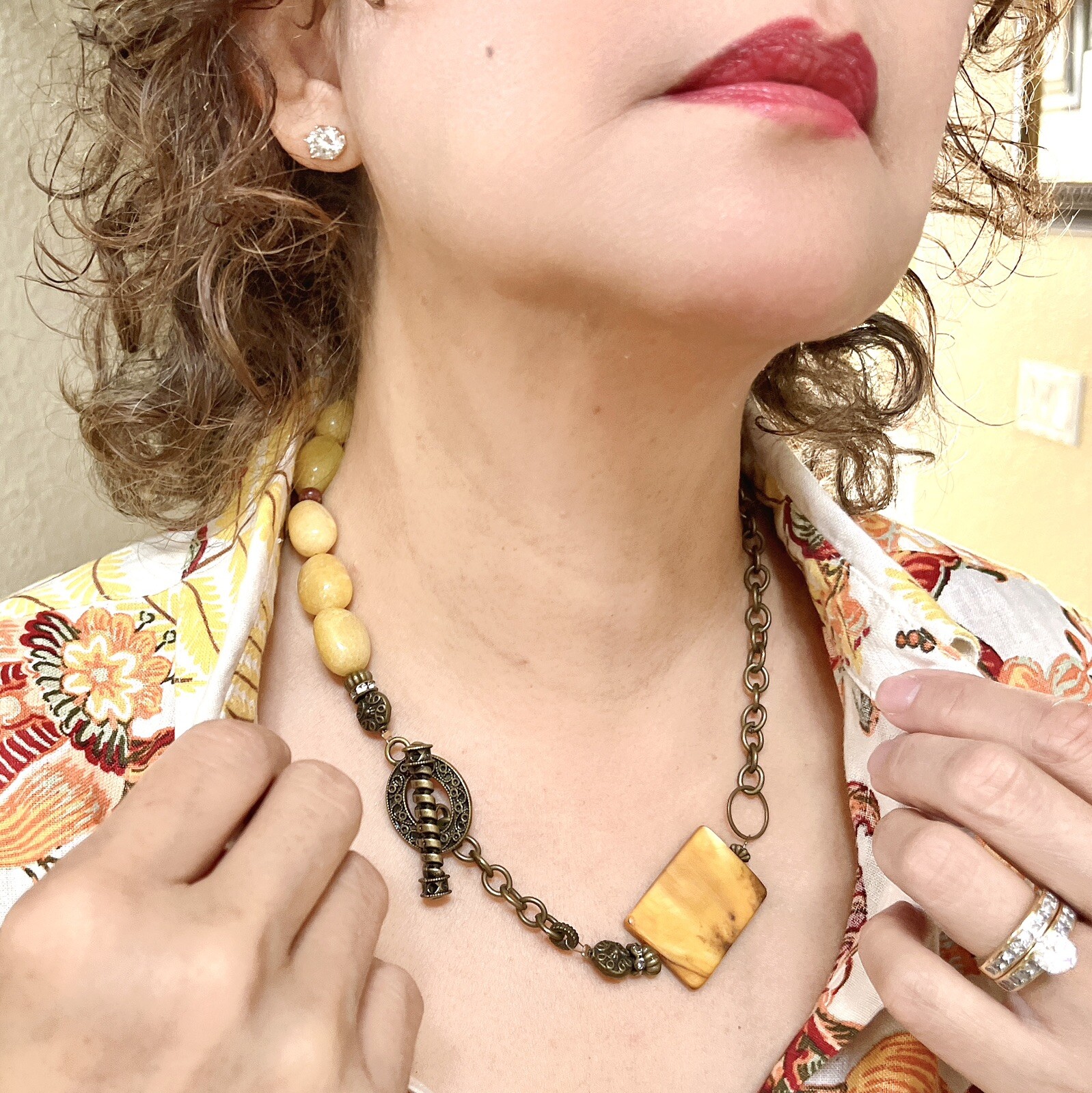 Handcrafted Gold Hued Agate On Bronze Hued Clasp Multi Faceted Multi Look