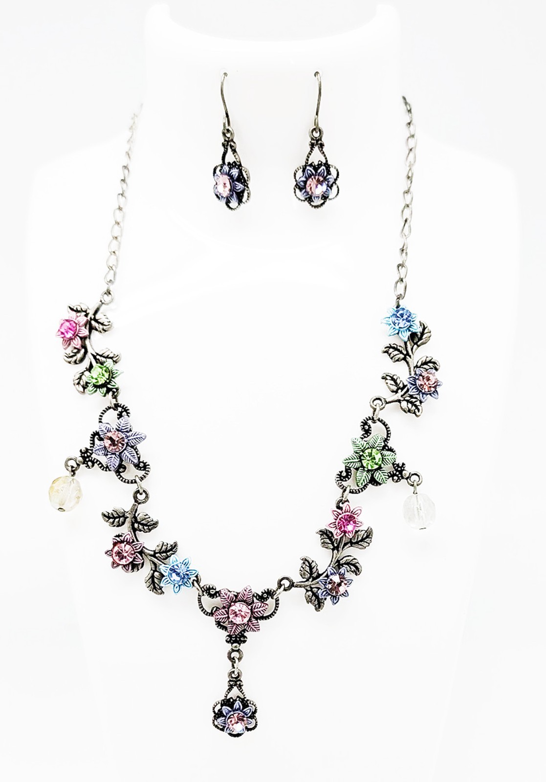 DESIGNER INSPIRED ELITE FILIGREE MULTI CRYSTAL FLORAL ENAMEL SILVER JEWLERY SET