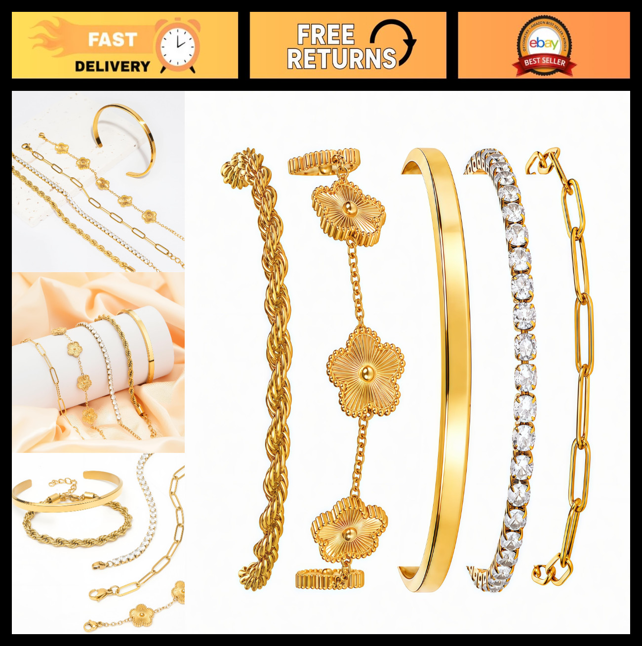 18K Gold Plated Women’s Bracelet Set – Waterproof, Non-Tarnish, Chunky & Floral
