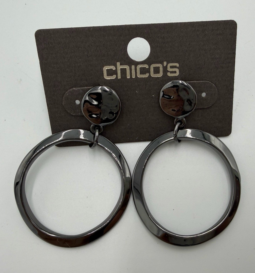 Chico’s 2” Gunmetal Gray Drop Dangle Hoop Post Earrings NWT