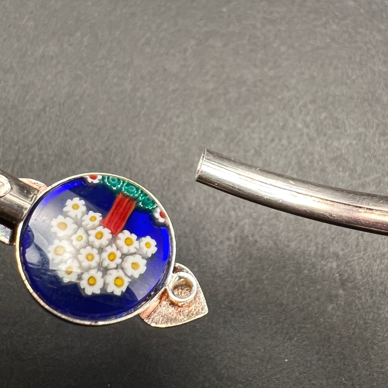 Vintage Art Glass Bracelet Silver Plated Blue Millefiori Tree Italy 6.75″