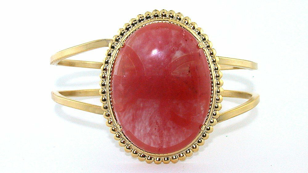 40×30 Cherry Quartz Cabochon Cab Spring Load 7 1/2 Inch Goldplated Cuff Bracelet
