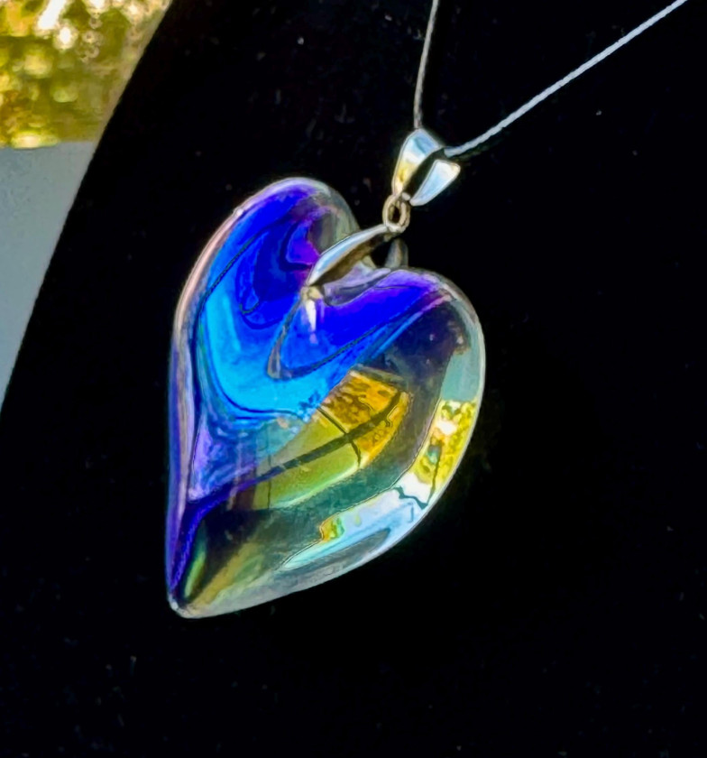 Iridescent Heart Necklace Puffy Heart Pendant Glass Charm Heart Choker Gift