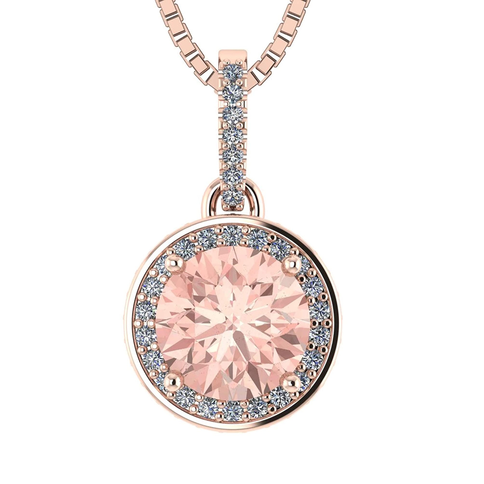 1.00ct Round Simulated Morganite Halo Necklace in 925 Sterling Silver & Zirconia