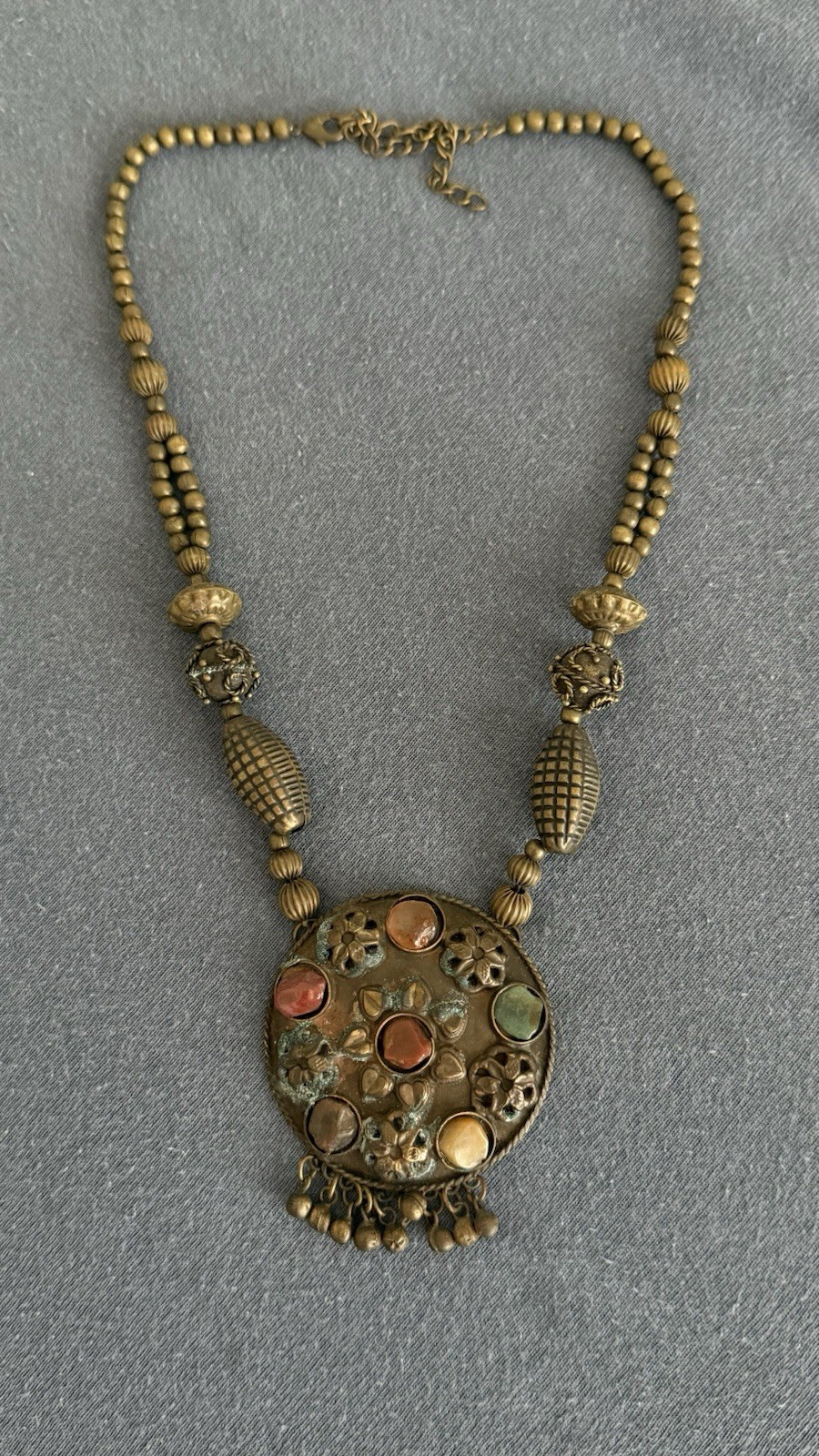 Gold Tone Boho Beaded Ball Chain Necklace Round Medallion Bezel Multicolor