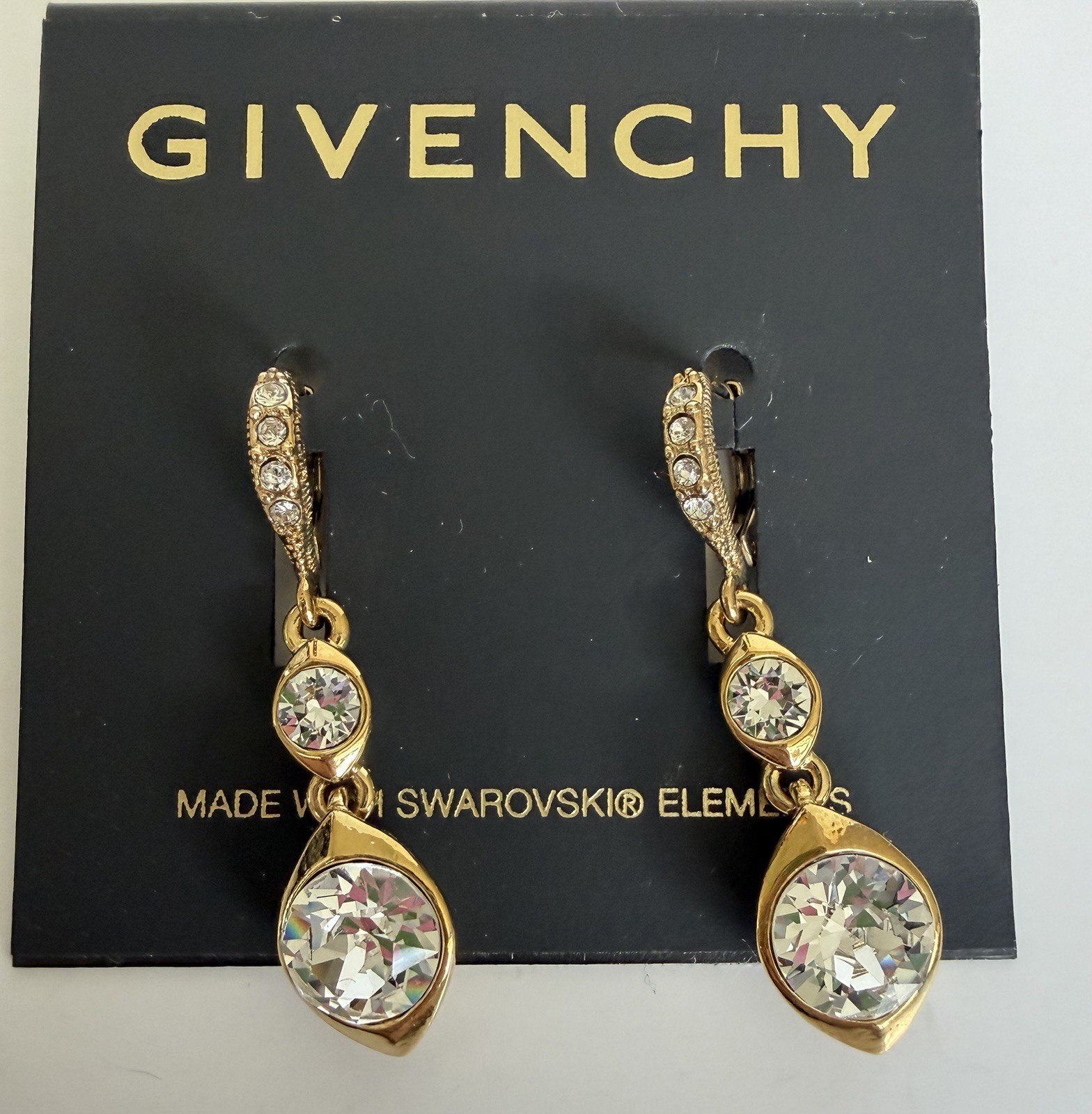 Givenchy Gold Tone Swarovski Crystal Double Drop Teardrop Leverback Earrings
