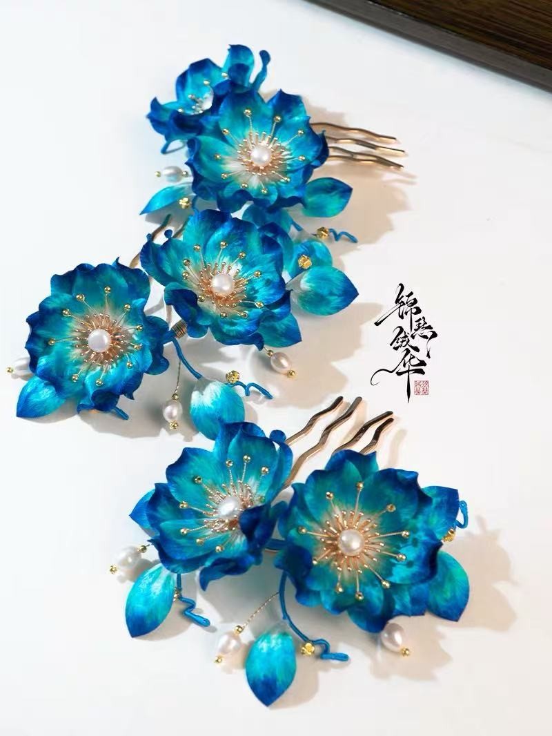 Blue Silk Velvet Hair Comb, Traditional Chinese Hanfu Qipao Hair Accessory