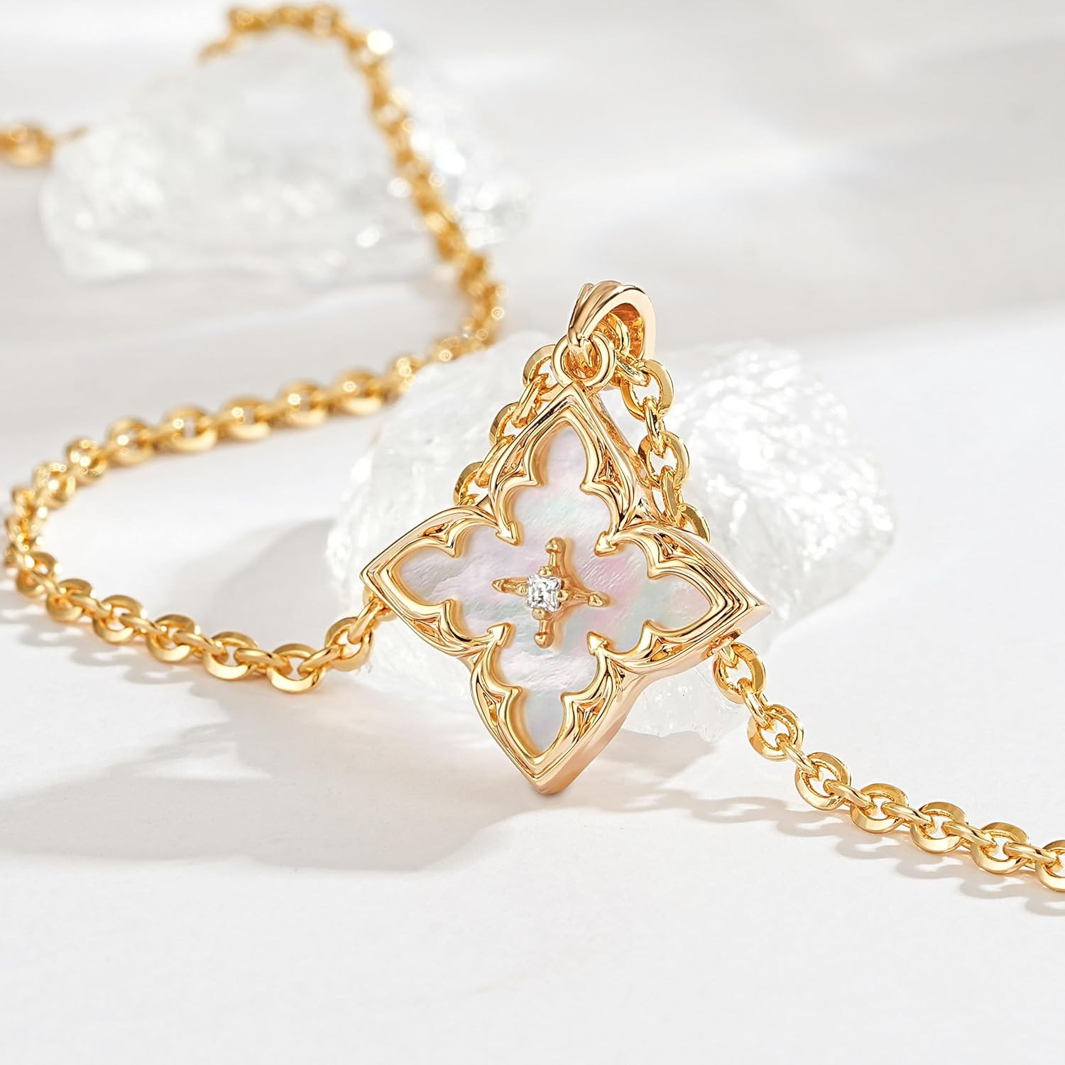 Gold Clover Necklace for Women Dainty 14K Gold Plated CZ Pendant Necklace Adjust