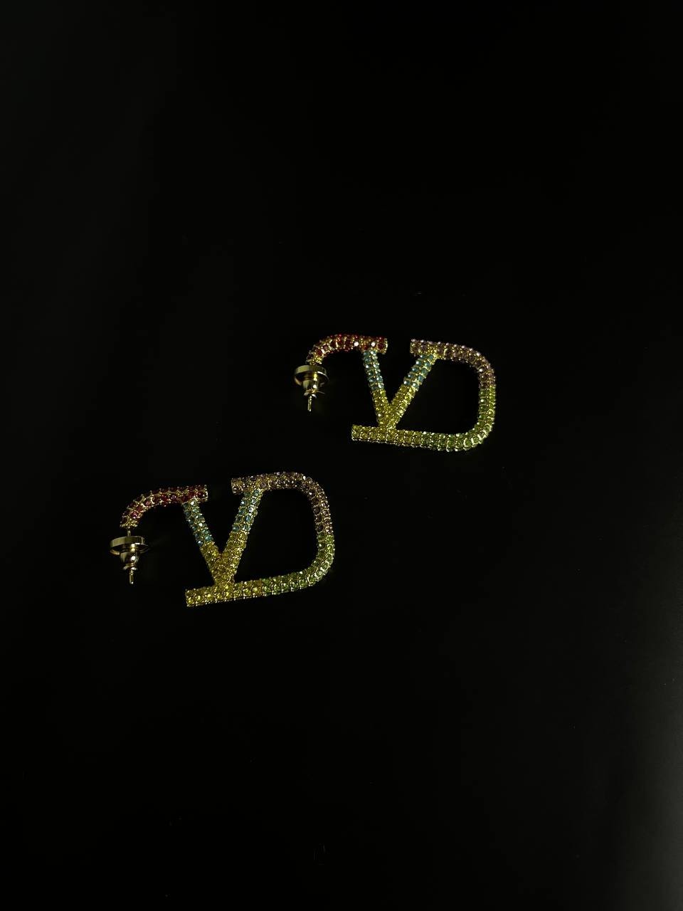 Vintage Valentino Rainbow Crystal V Logo Hoop Earrings