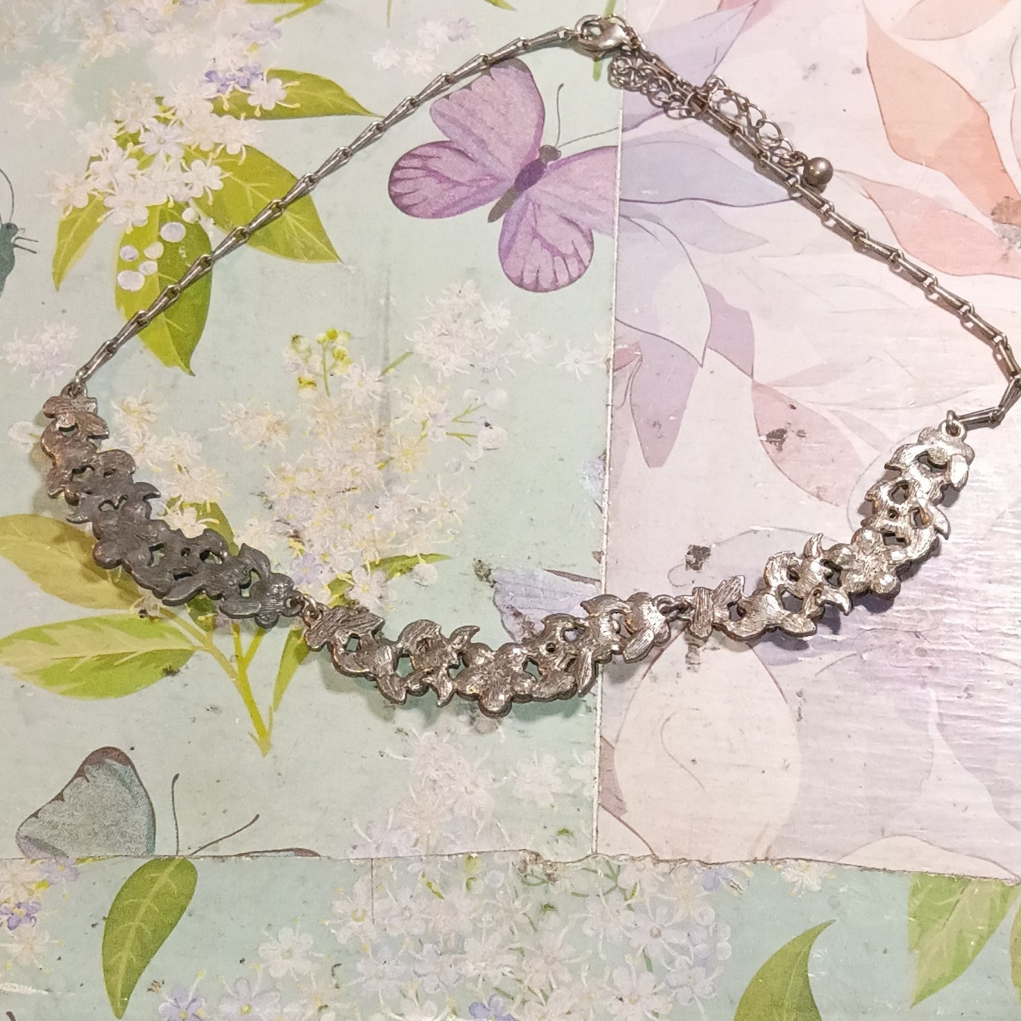 Silver Tone Blue Crystal Rhinestone Floral Statement Bar Link Chain Necklace