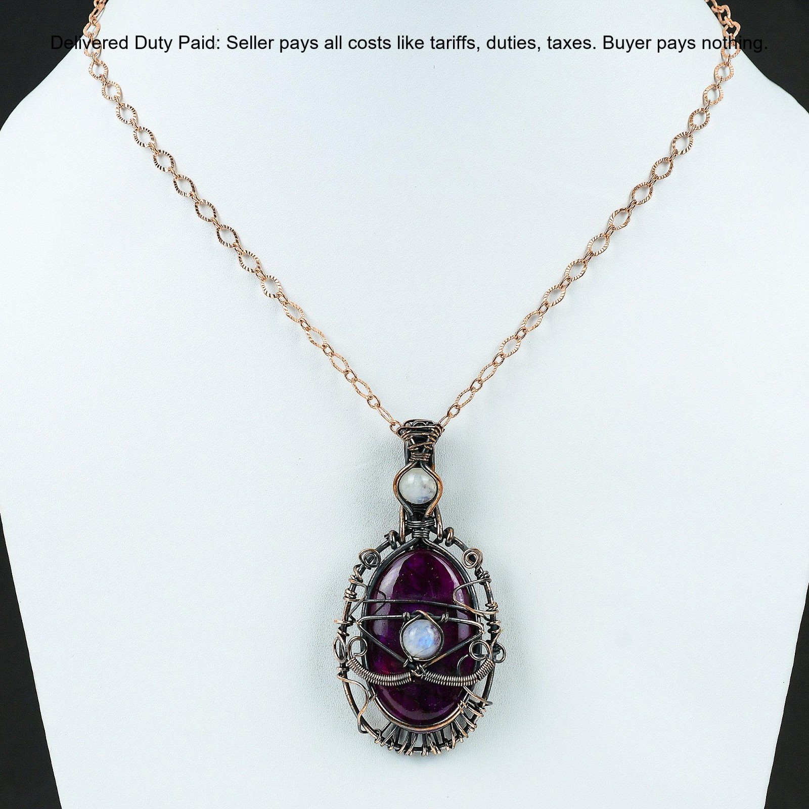 Pink Fire Labradorite Gemstone Rainbow Moonstone Copper Evil Eye Wedding Pendant