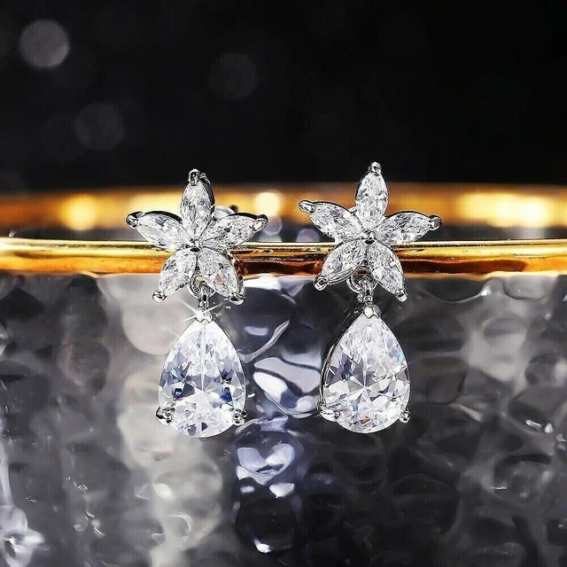 Drop Dangle Women Earrings 4 Ct Pear Cut Diamond Simulated 14K White Gold Finish