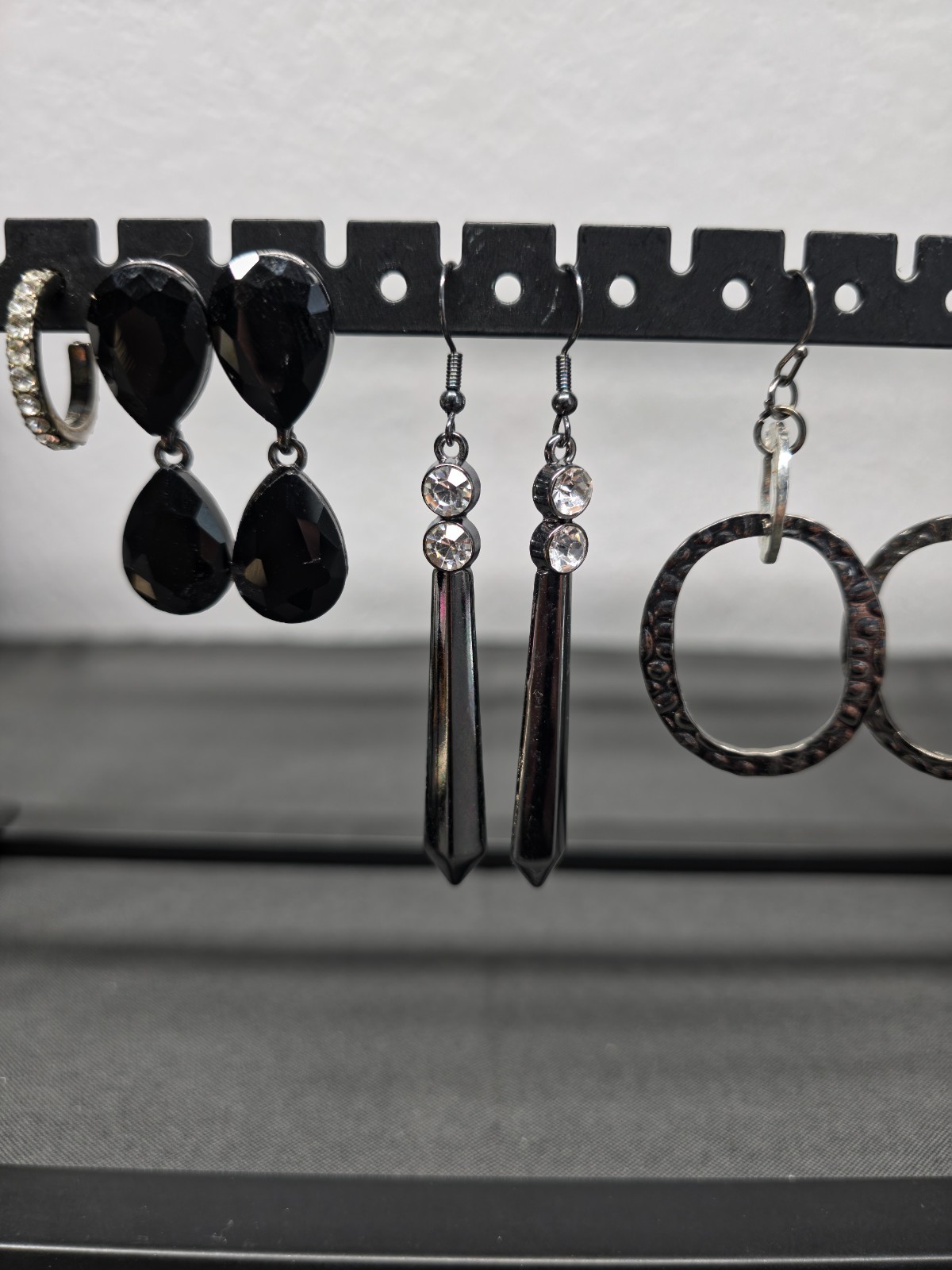 Lot of 4 Gunmetal Black Tone Hoop Dangle Earrings Rhinestone Goth Grunge Punk