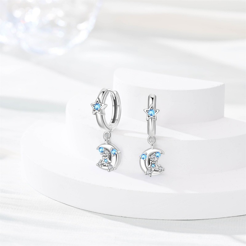 PANDACH 925 Sterling Silver Moon & Star Drop Earrings For Women Birthday Gifts