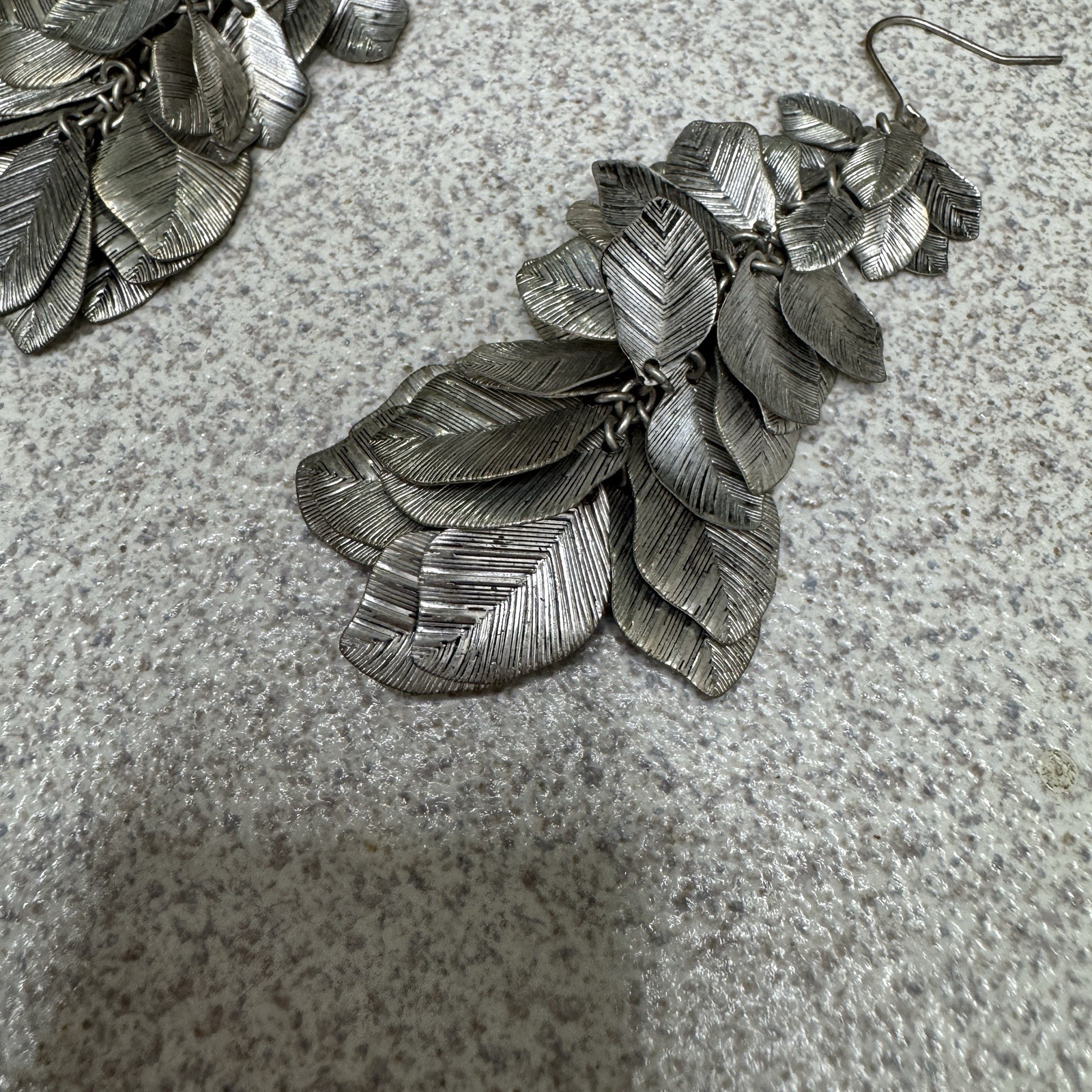 Silver Color Metal Textured Leaf Leaves Cluster Dangle Earrings Cottage Boho