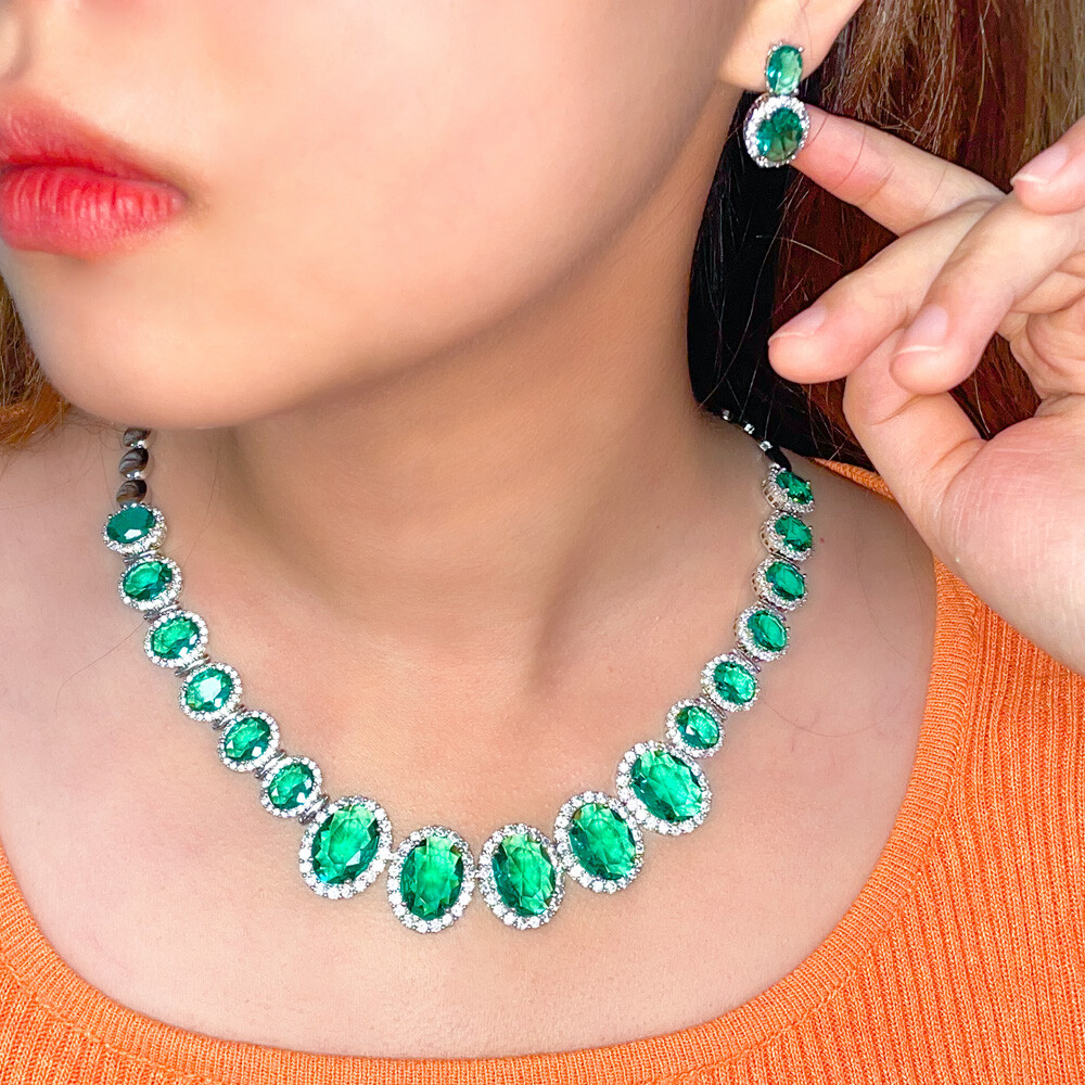 Gorgeous Big Green Oval Necklace Earrings Silver Plated Zircon Women Jewelry Set