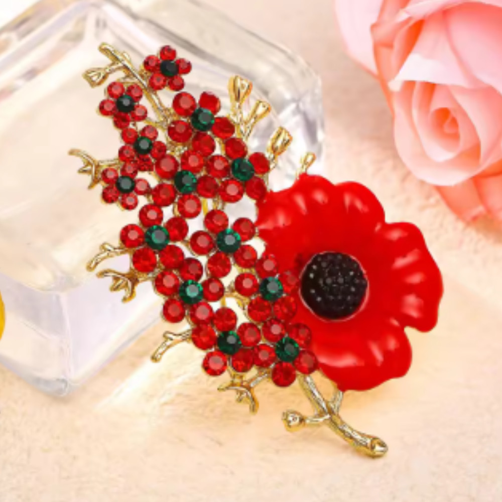 Beautiful Poppy Flowers Brooch Pin – Rhinestone Enamel Jewelry Gift USA